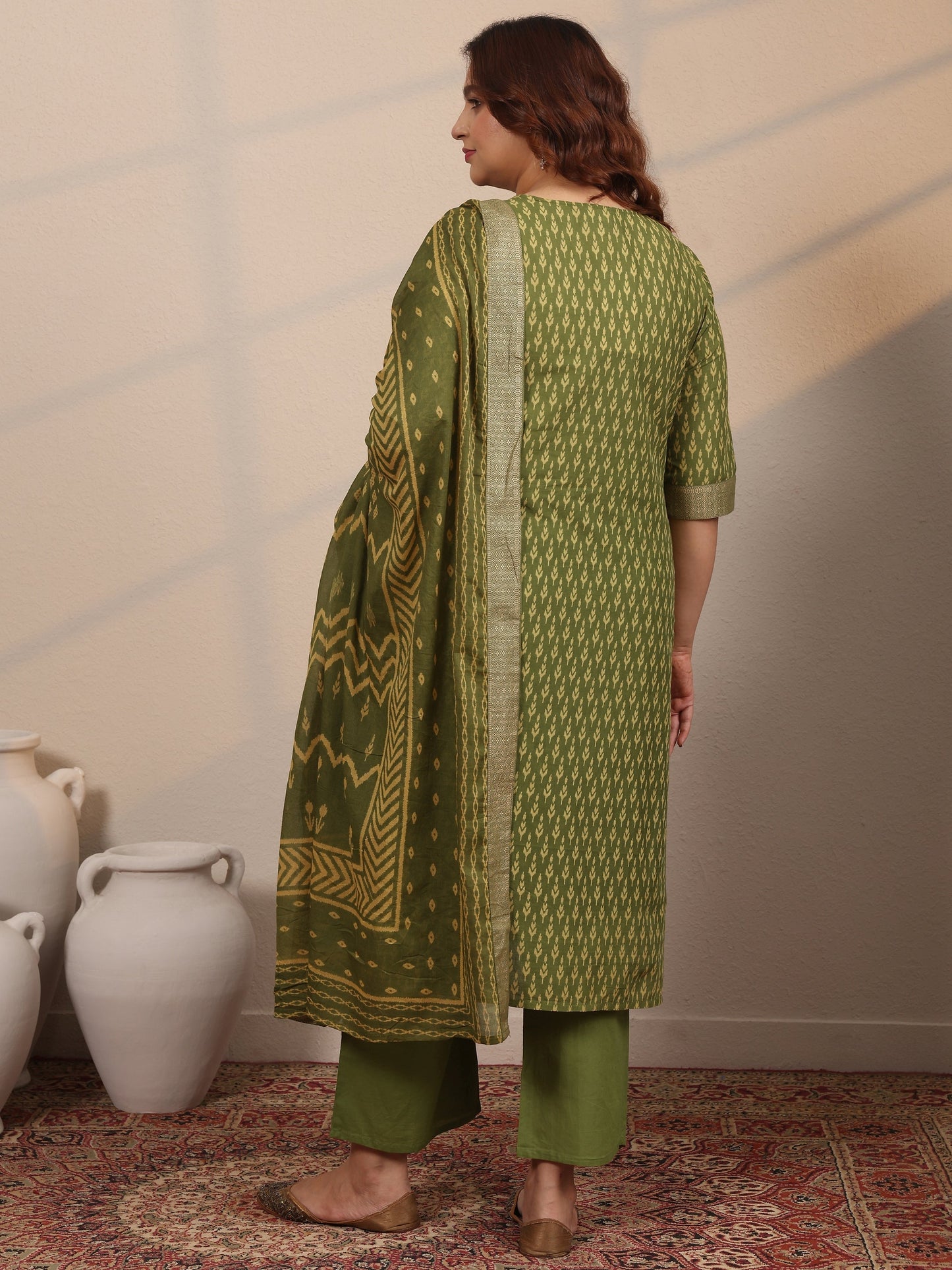 Plus Size Green Printed Cotton Straight Suit Set With Dupatta