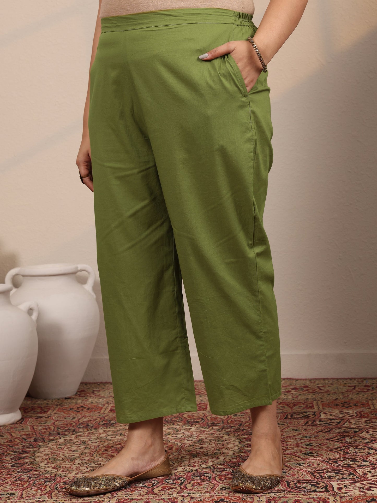 Plus Size Green Printed Cotton Straight Suit Set With Dupatta