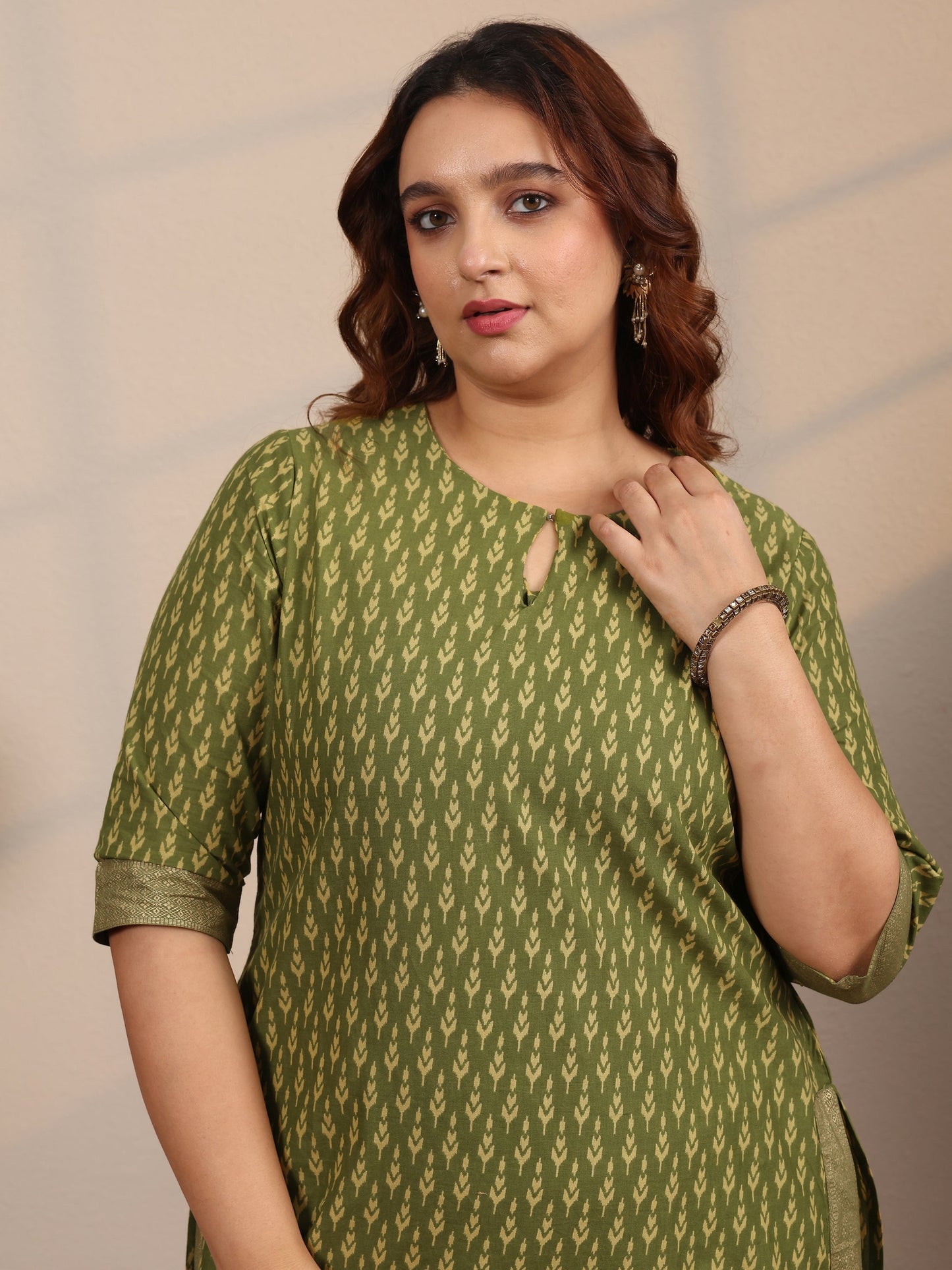 Plus Size Green Printed Cotton Straight Suit Set With Dupatta