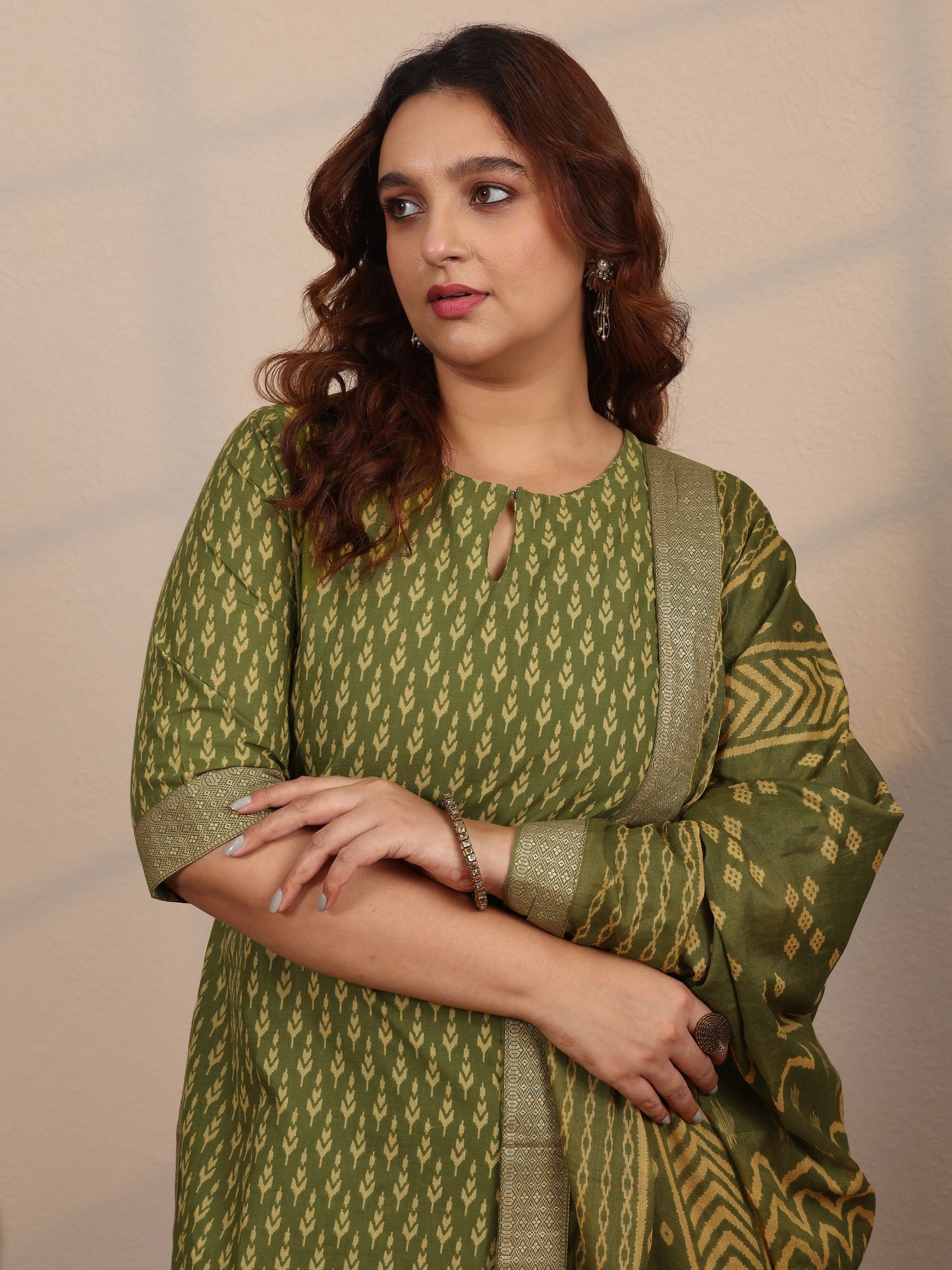 Plus Size Green Printed Cotton Straight Suit Set With Dupatta