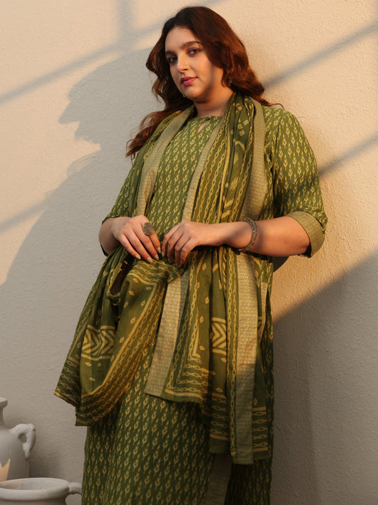 Plus Size Green Printed Cotton Straight Suit Set With Dupatta
