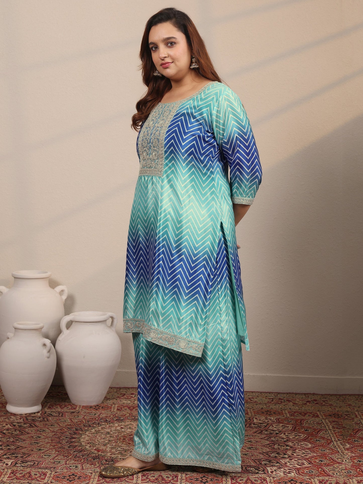 Plus Size Blue Embroidered Chinon Straight Suit Set With Dupatta
