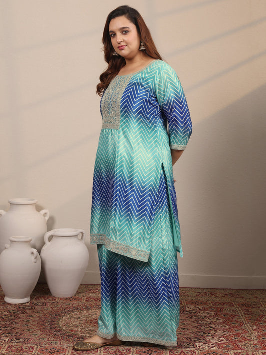 Plus Size Blue Embroidered Chinon Straight Suit Set With Dupatta