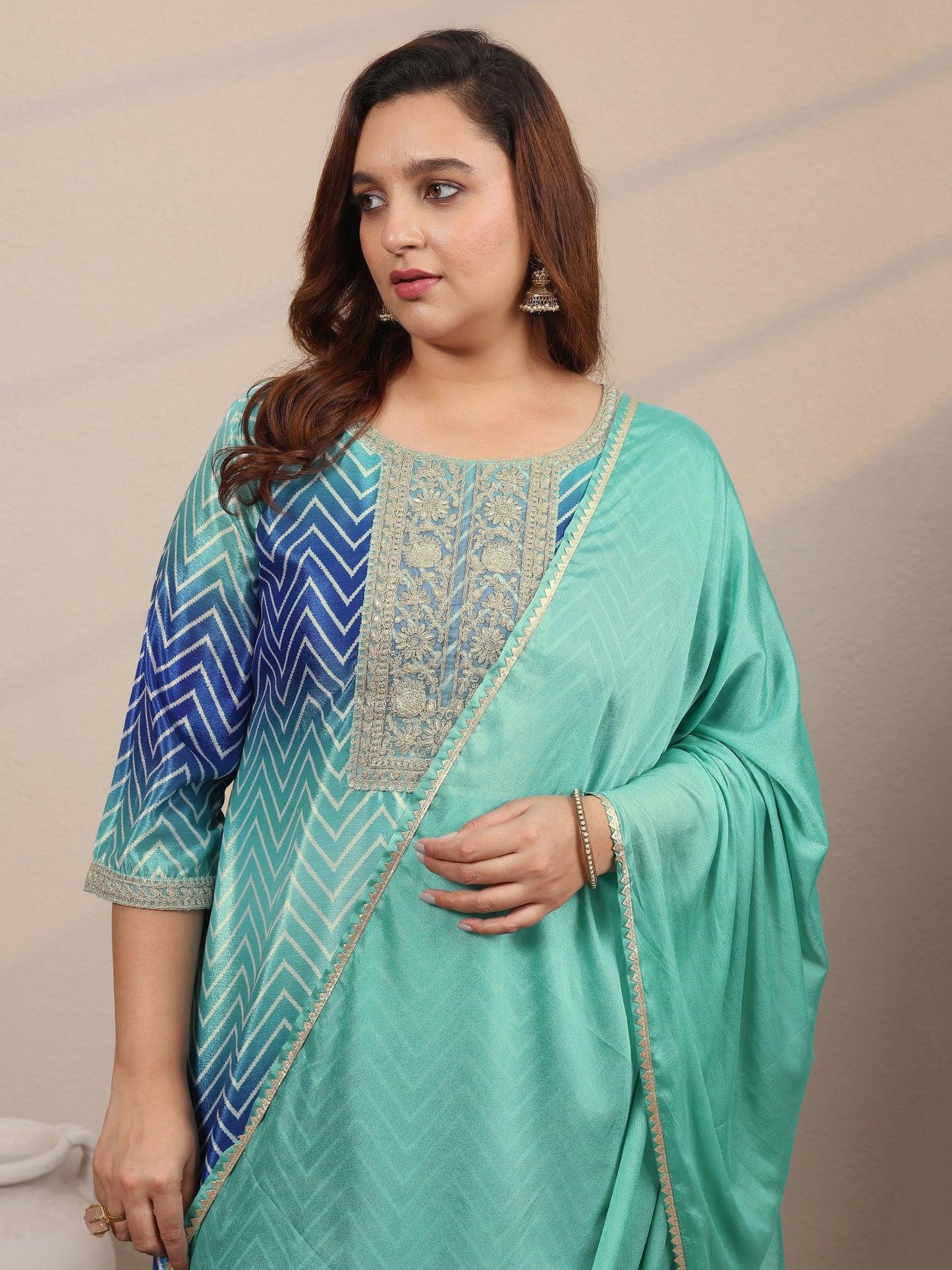 Plus Size Blue Embroidered Chinon Straight Suit Set With Dupatta