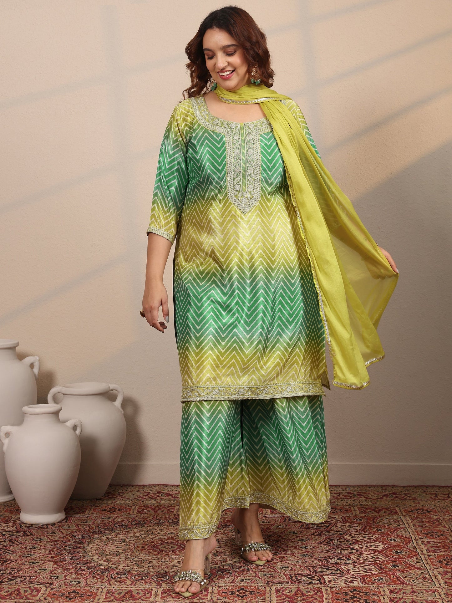 Plus Size Green Embroidered Chinon Straight Suit Set With Dupatta