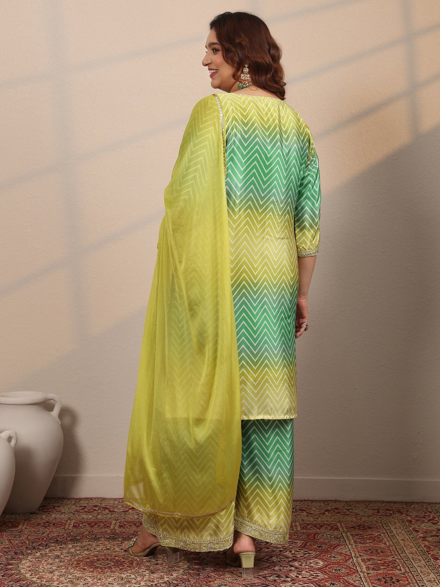 Plus Size Green Embroidered Chinon Straight Suit Set With Dupatta