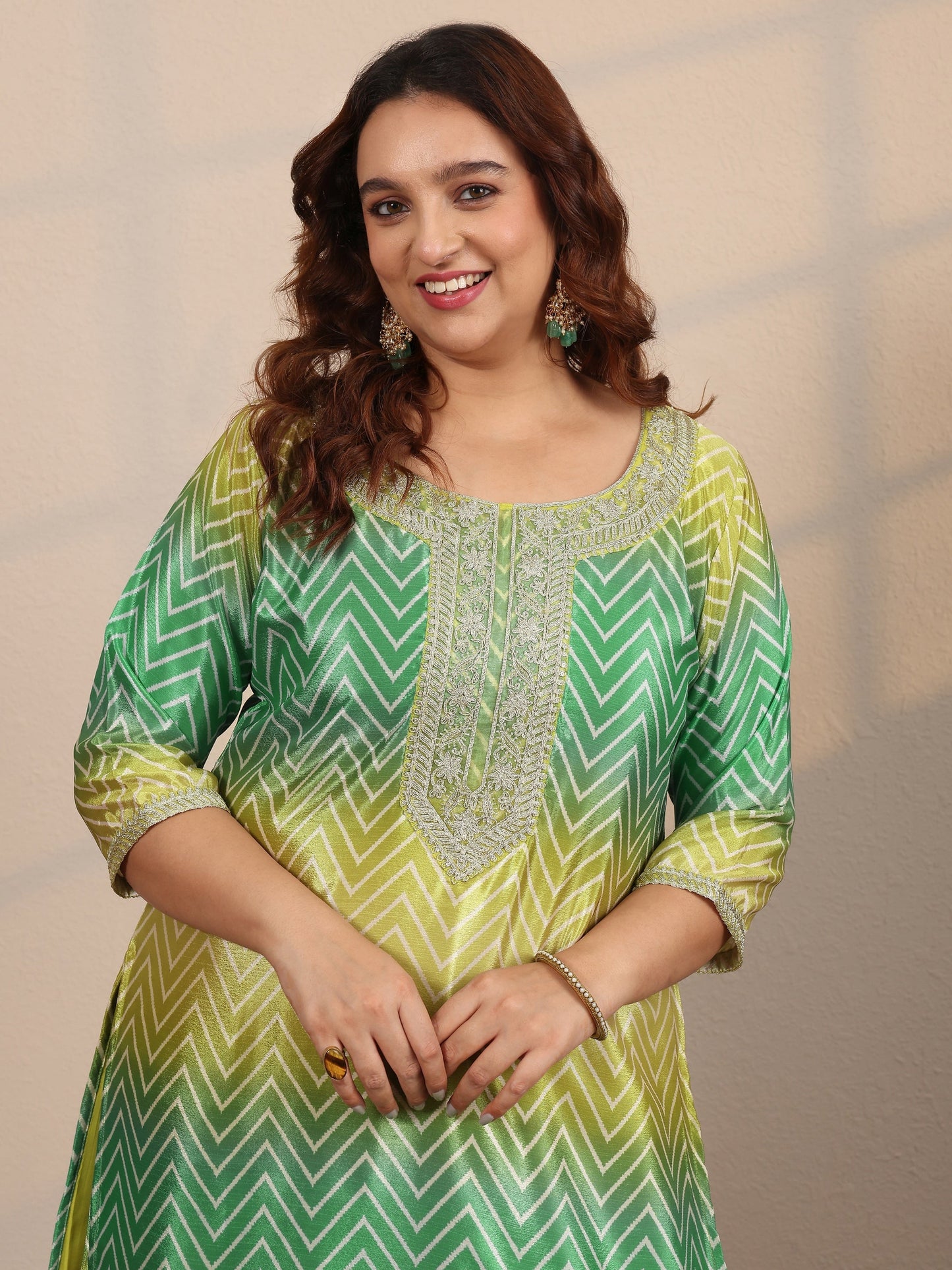 Plus Size Green Embroidered Chinon Straight Suit Set With Dupatta