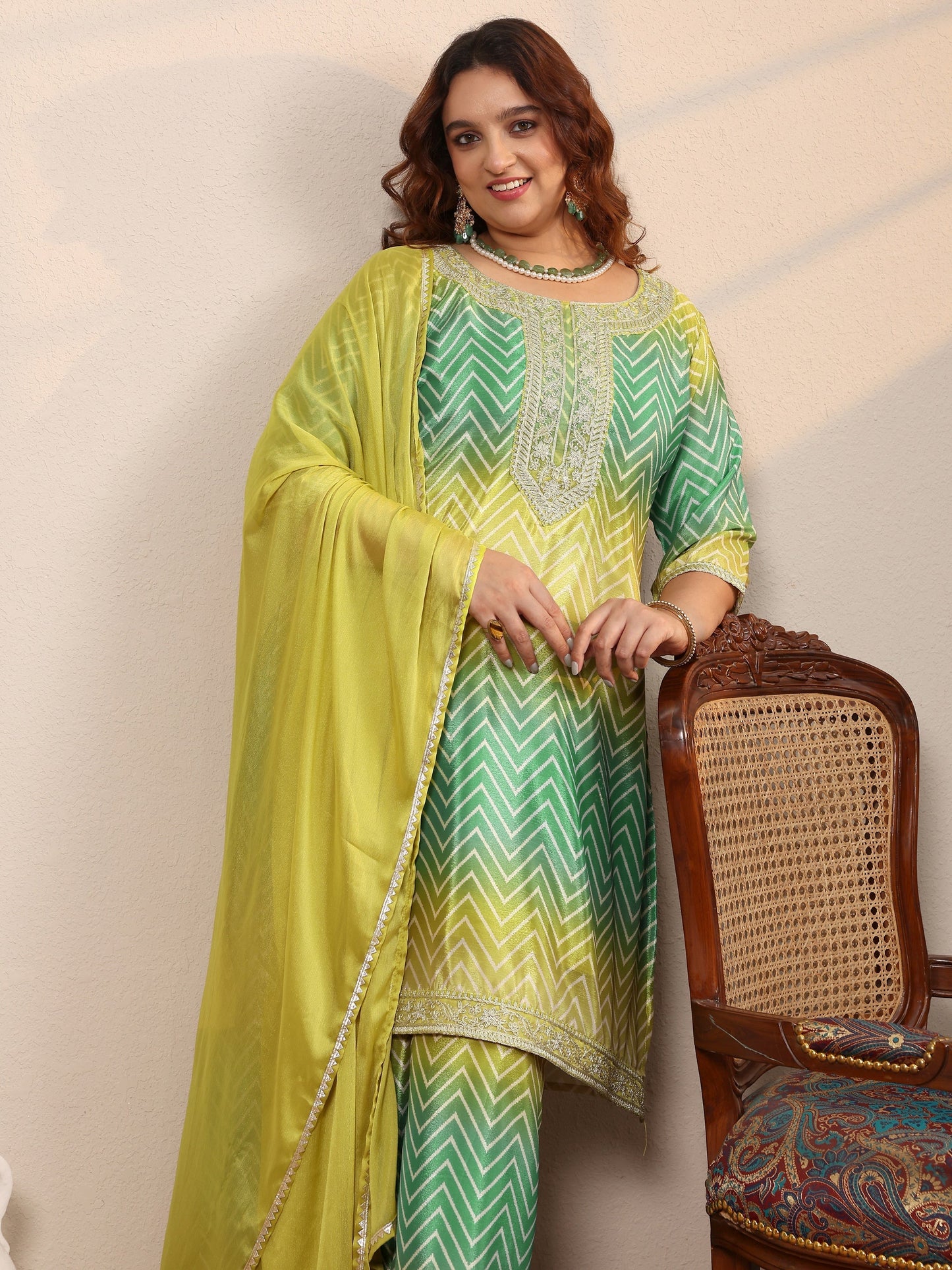 Plus Size Green Embroidered Chinon Straight Suit Set With Dupatta