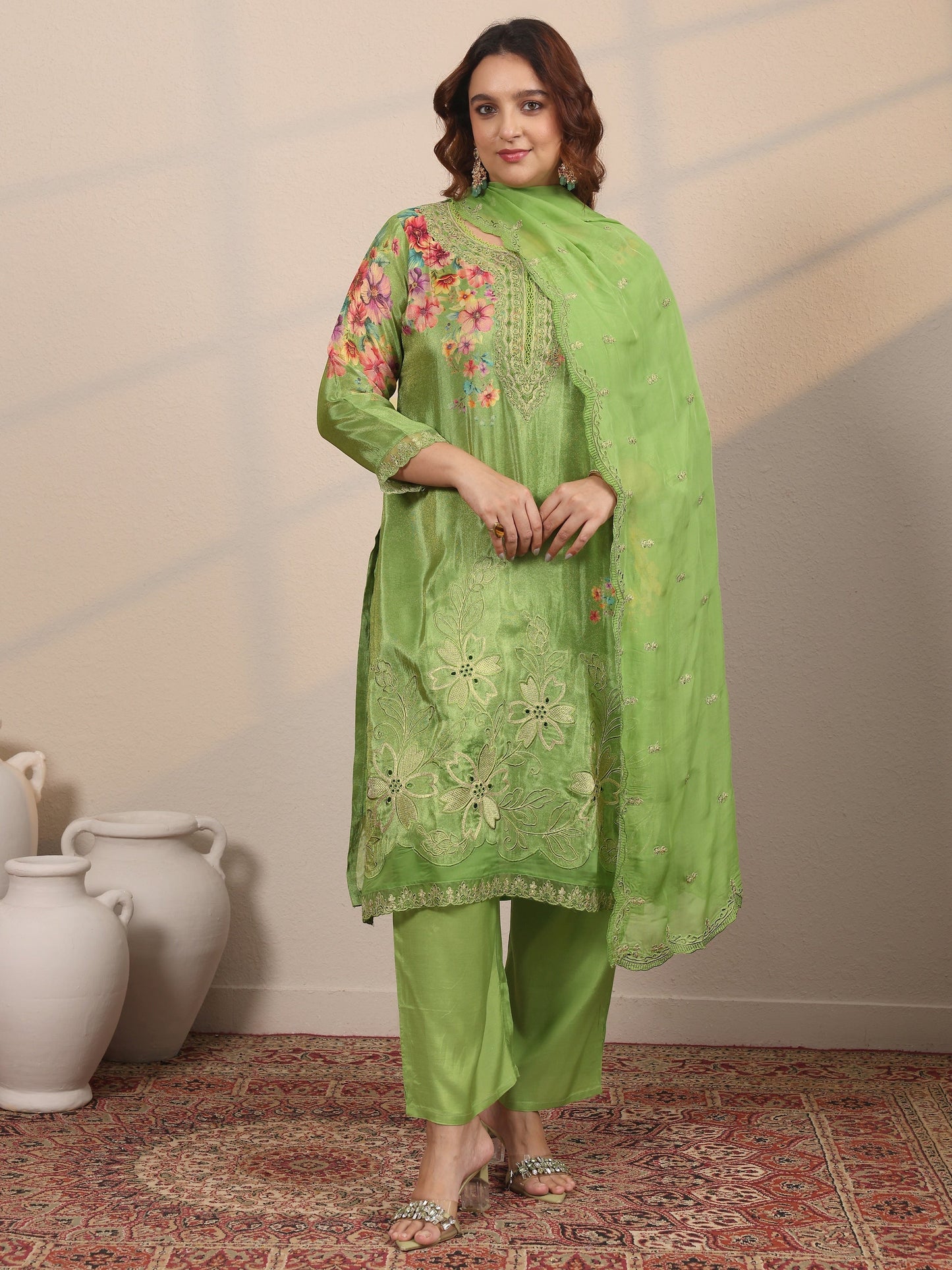 Plus Size Green Embroidered Crepe Straight Suit Set With Dupatta