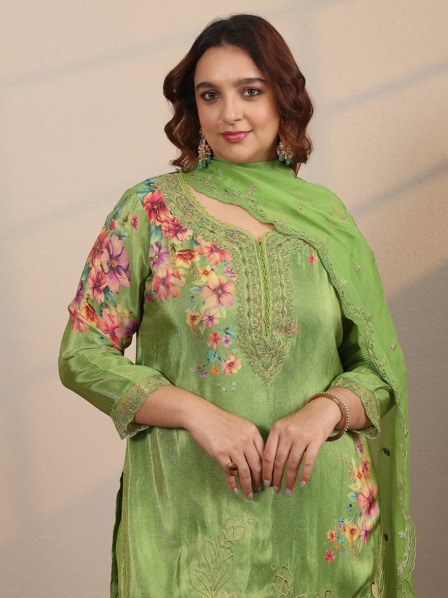 Plus Size Green Embroidered Crepe Straight Suit Set With Dupatta