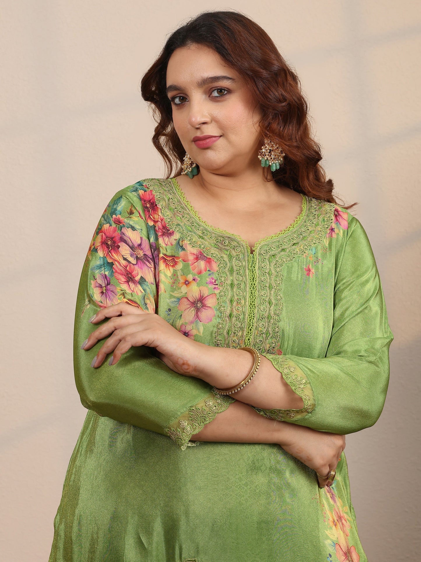 Plus Size Green Embroidered Crepe Straight Suit Set With Dupatta