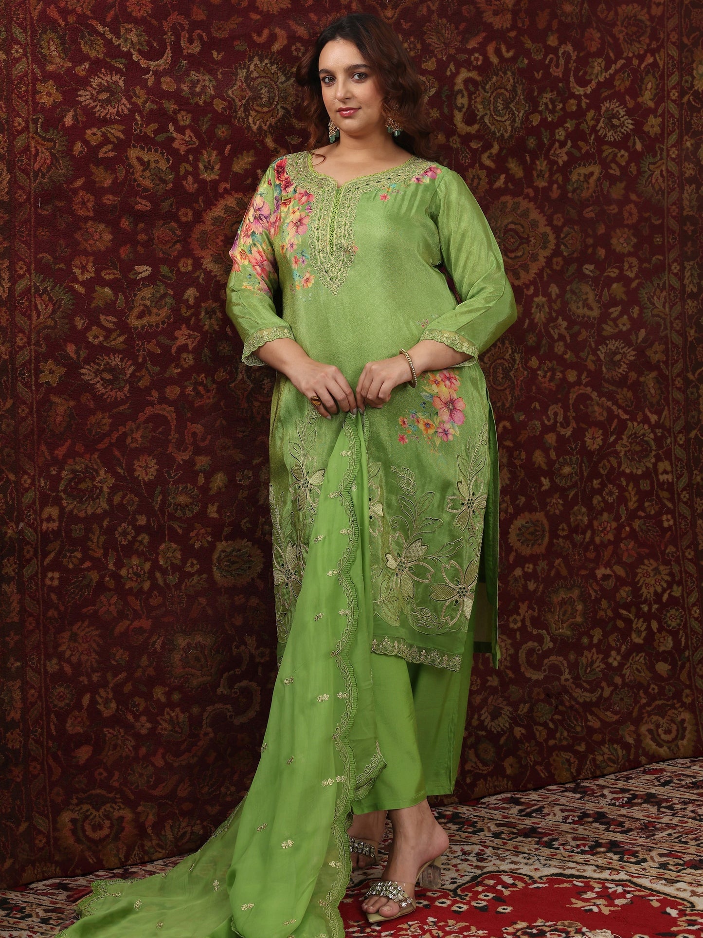 Plus Size Green Embroidered Crepe Straight Suit Set With Dupatta