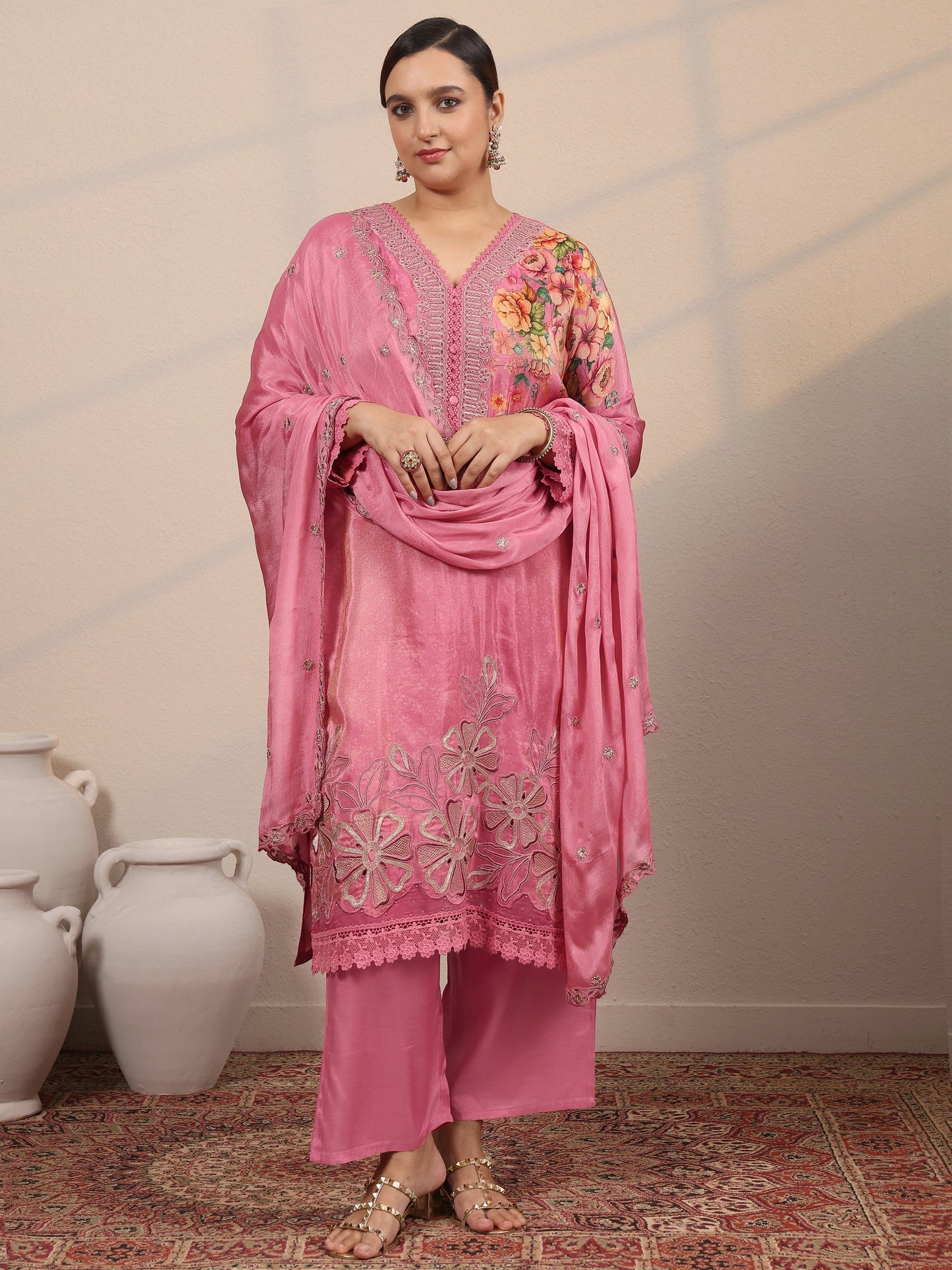 Plus Size Pink Embroidered Crepe Straight Suit Set With Dupatta