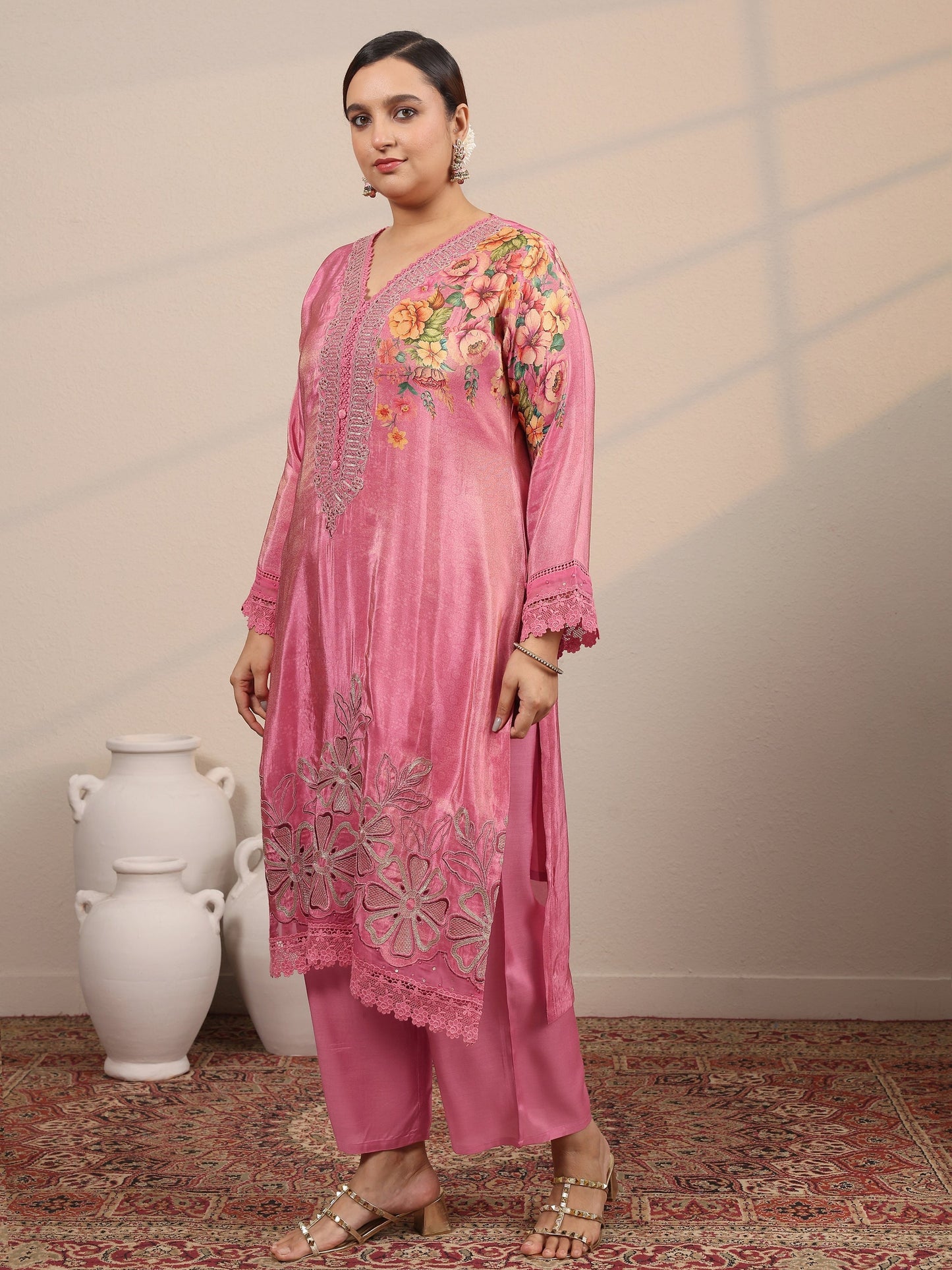 Plus Size Pink Embroidered Crepe Straight Suit Set With Dupatta