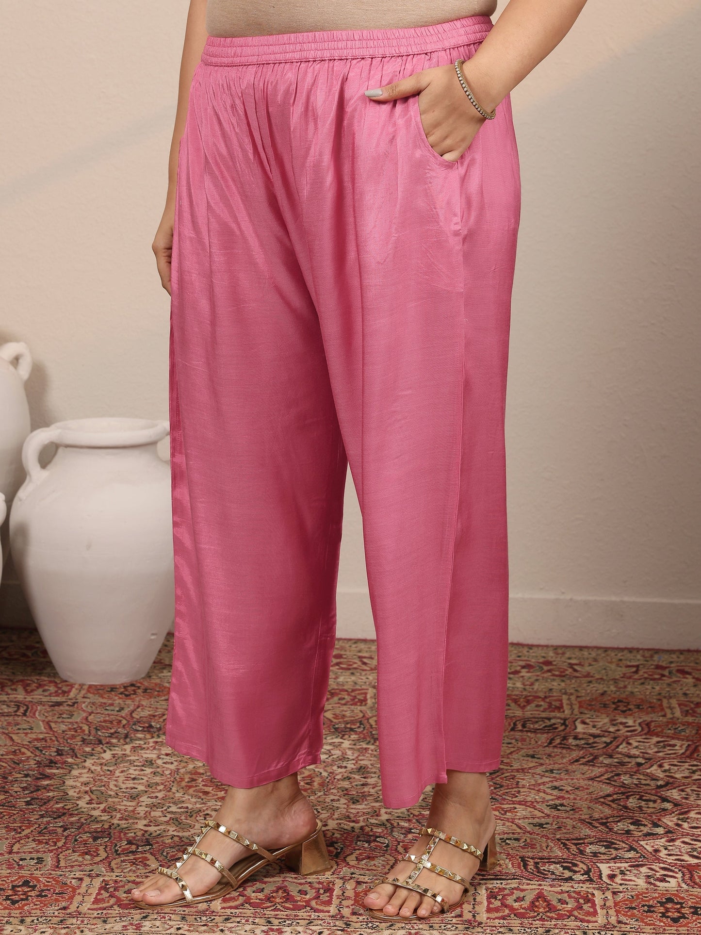 Plus Size Pink Embroidered Crepe Straight Suit Set With Dupatta