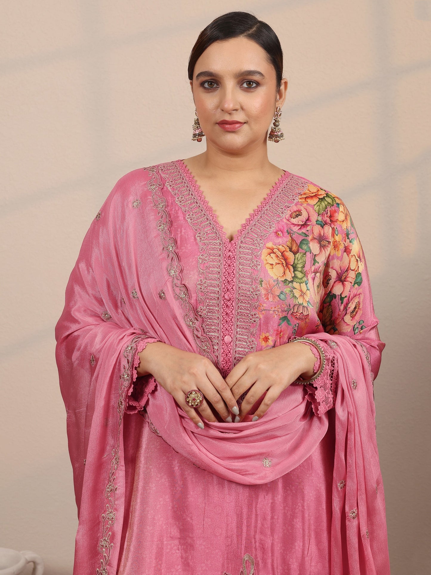 Plus Size Pink Embroidered Crepe Straight Suit Set With Dupatta