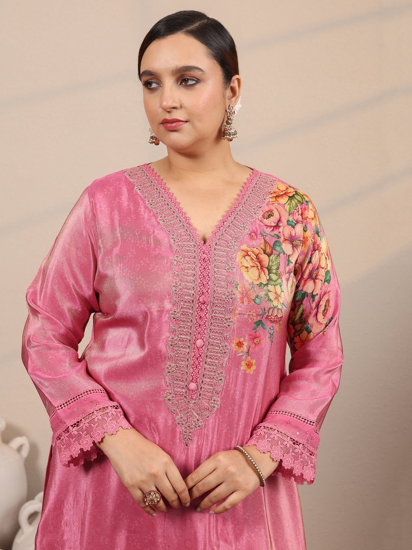 Plus Size Pink Embroidered Crepe Straight Suit Set With Dupatta