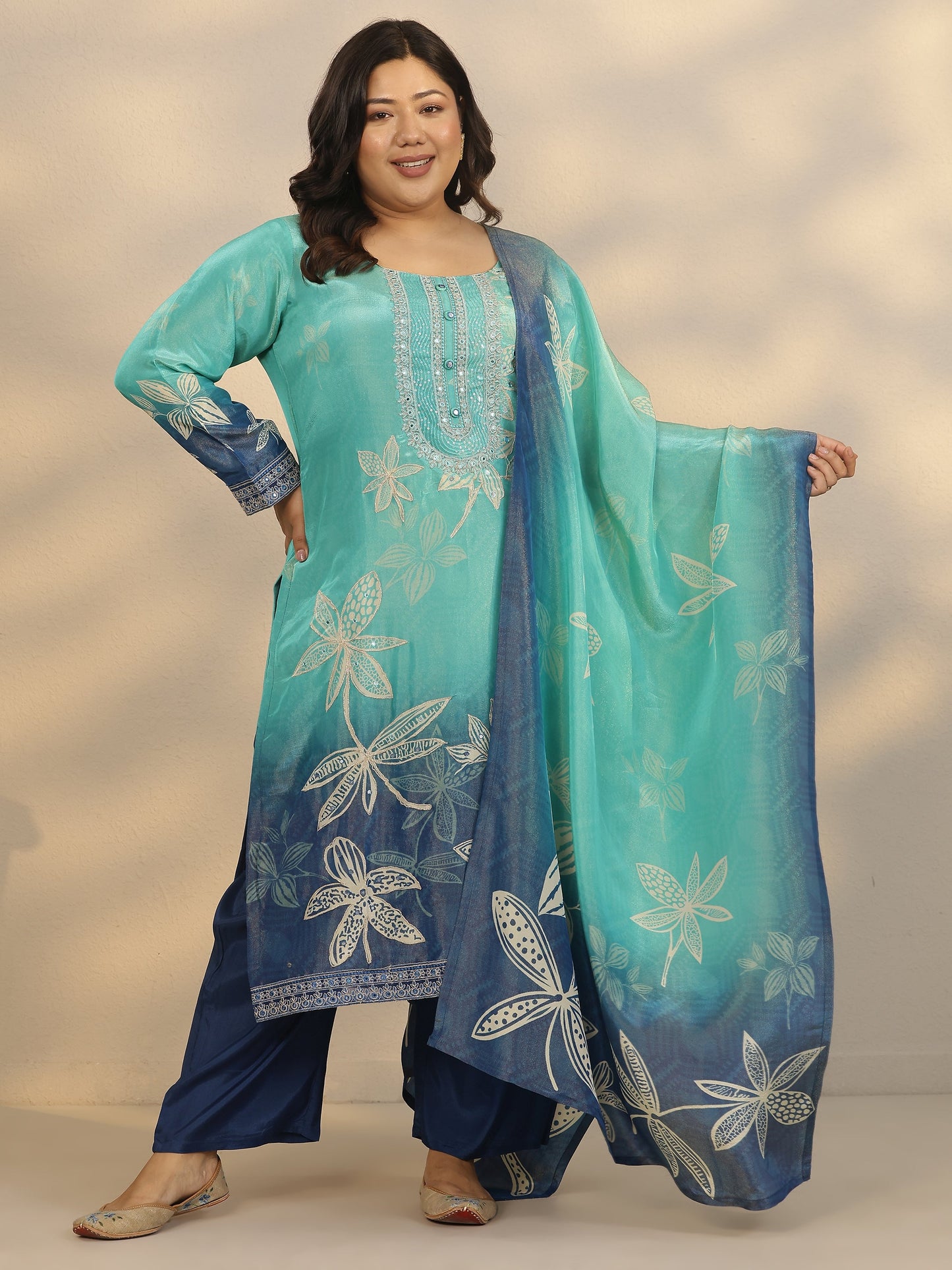 Plus Size Blue Printed Crepe Straight Suit Set With Dupatta