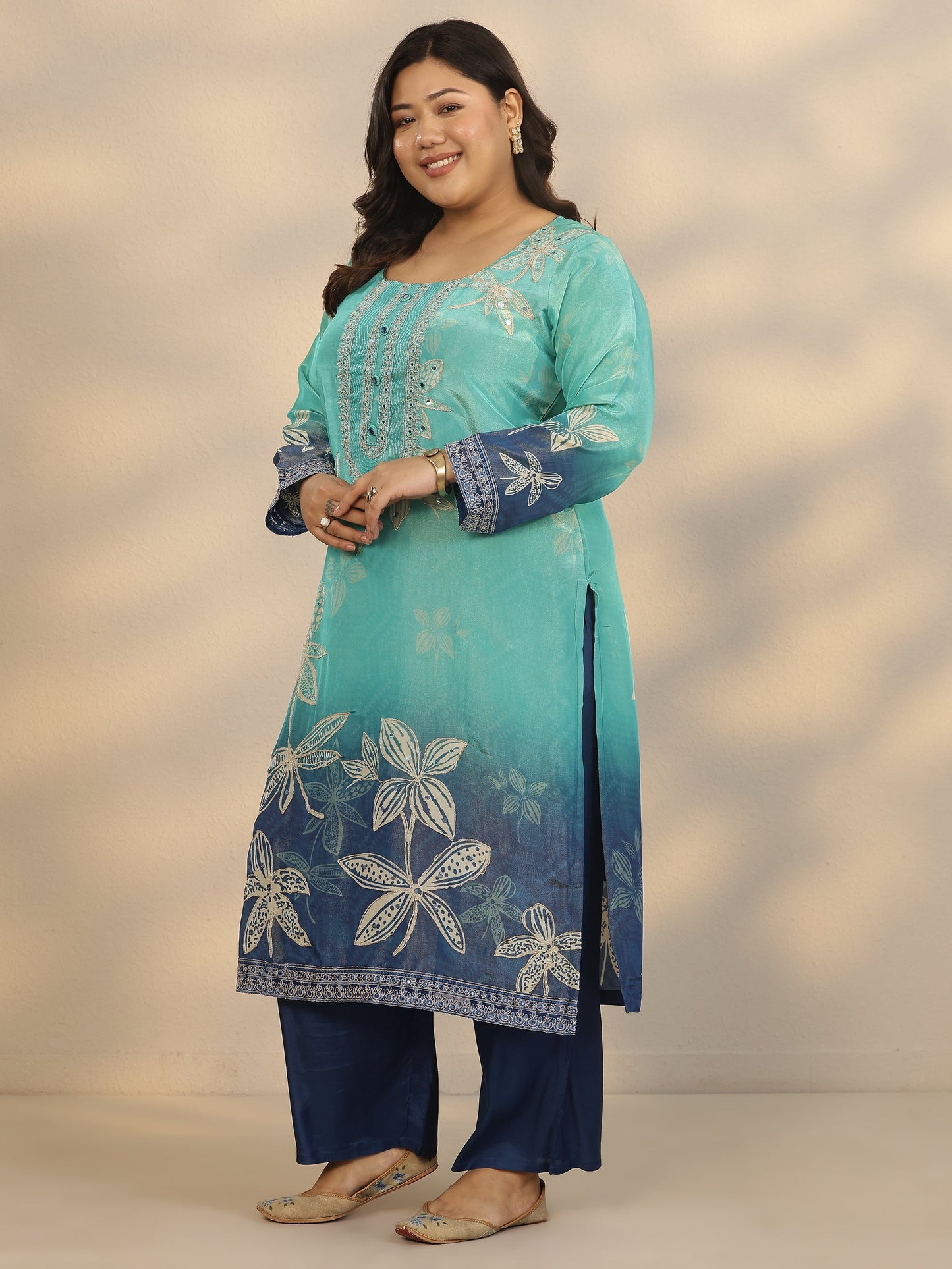 Plus Size Blue Printed Crepe Straight Suit Set With Dupatta