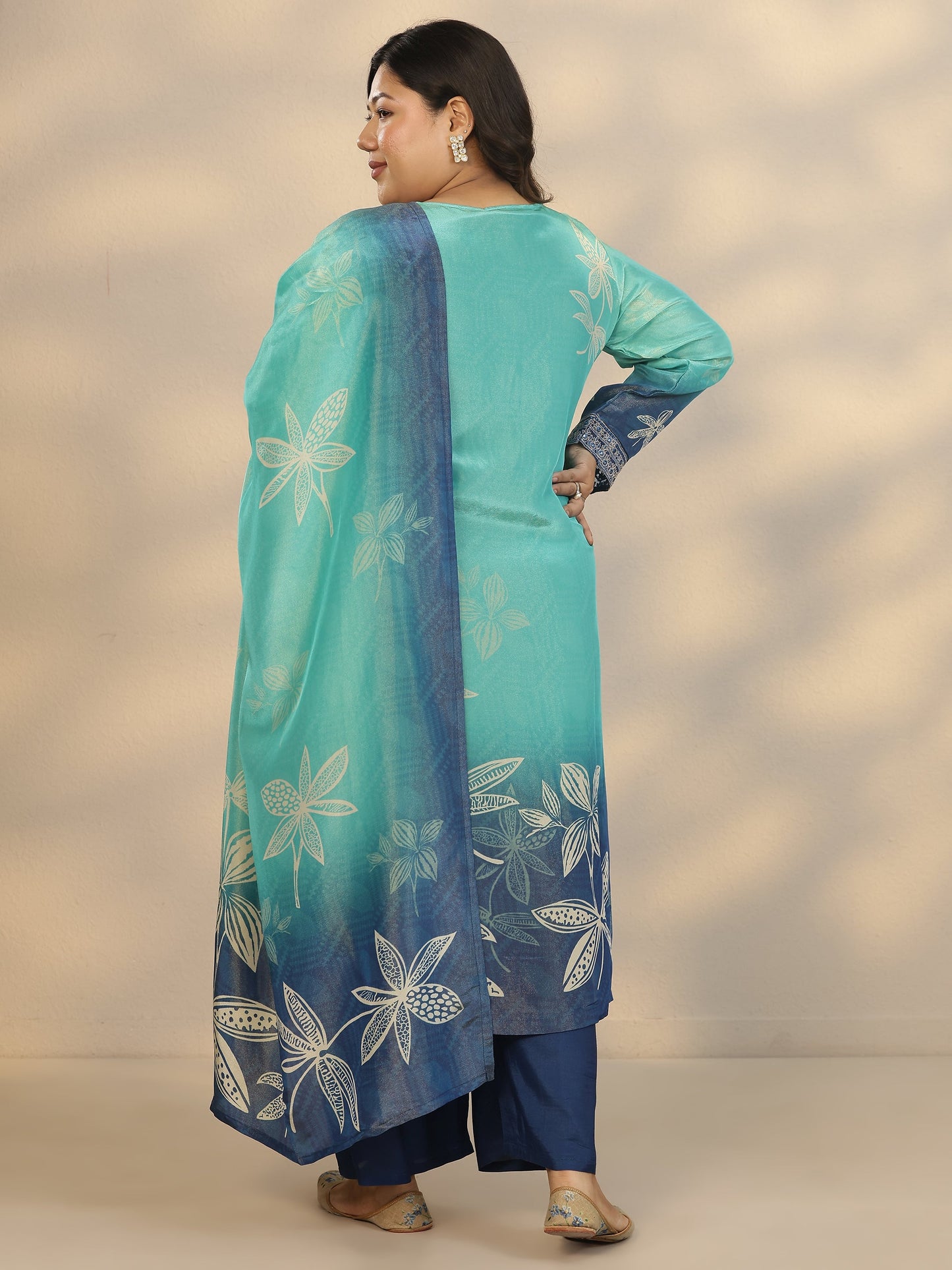 Plus Size Blue Printed Crepe Straight Suit Set With Dupatta