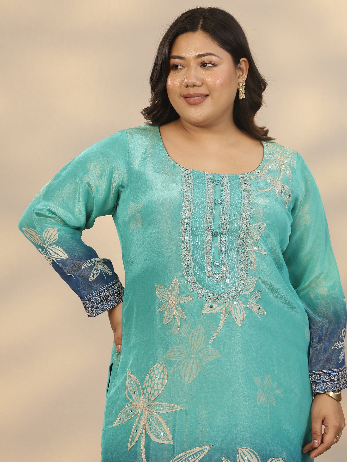 Plus Size Blue Printed Crepe Straight Suit Set With Dupatta