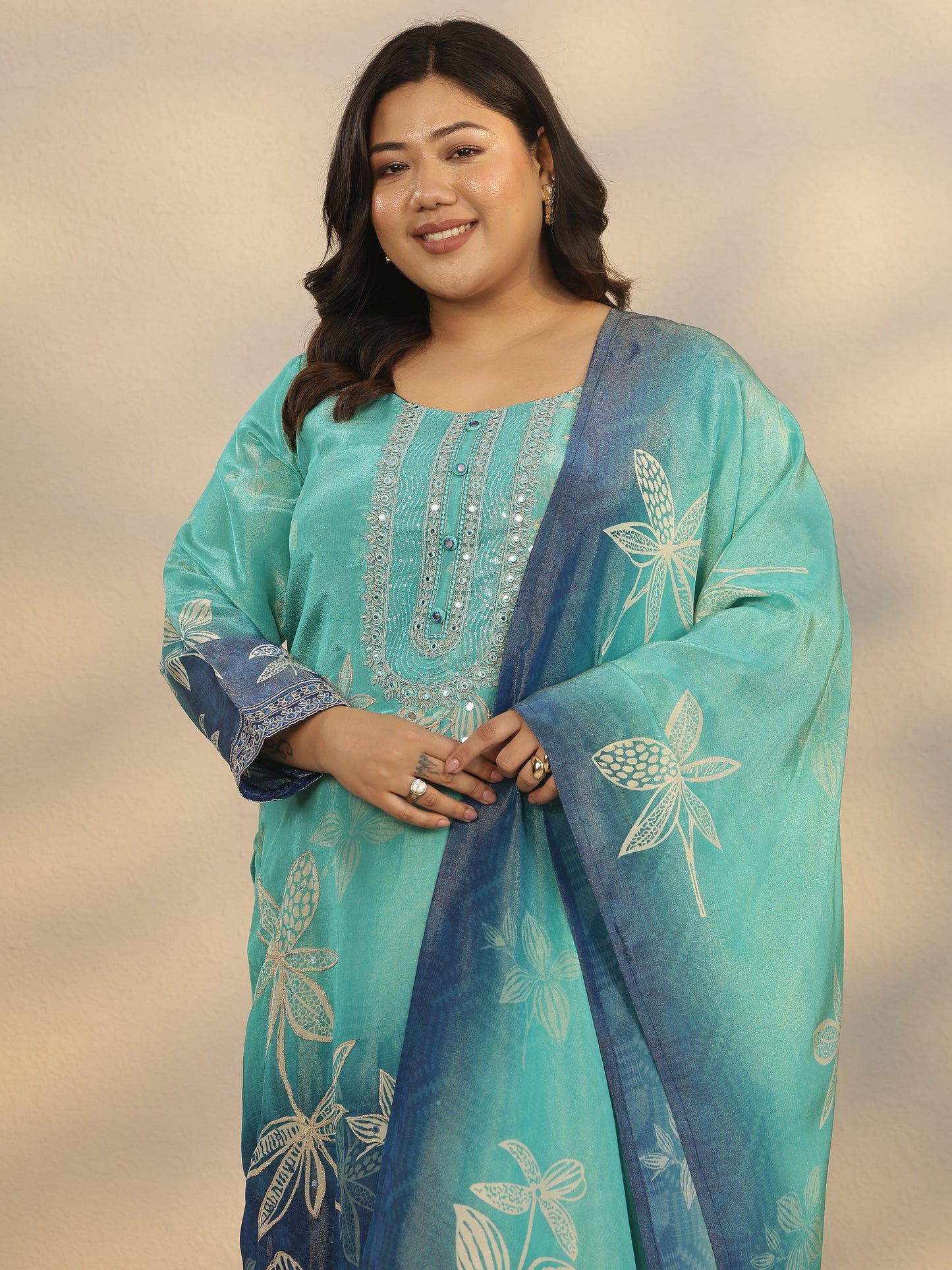 Plus Size Blue Printed Crepe Straight Suit Set With Dupatta