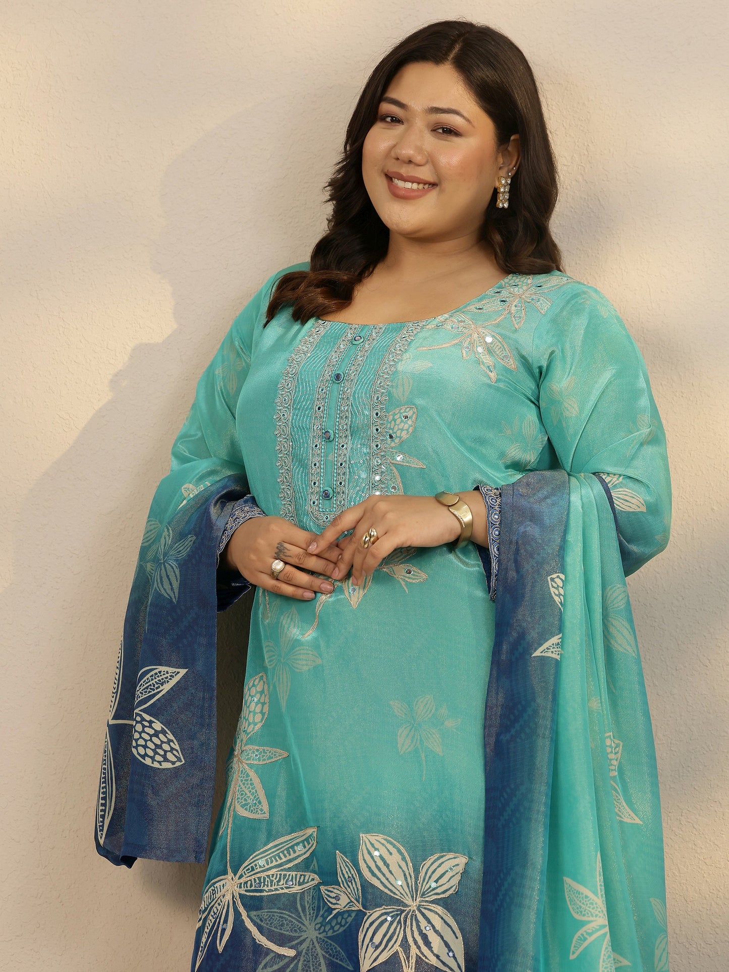 Plus Size Blue Printed Crepe Straight Suit Set With Dupatta