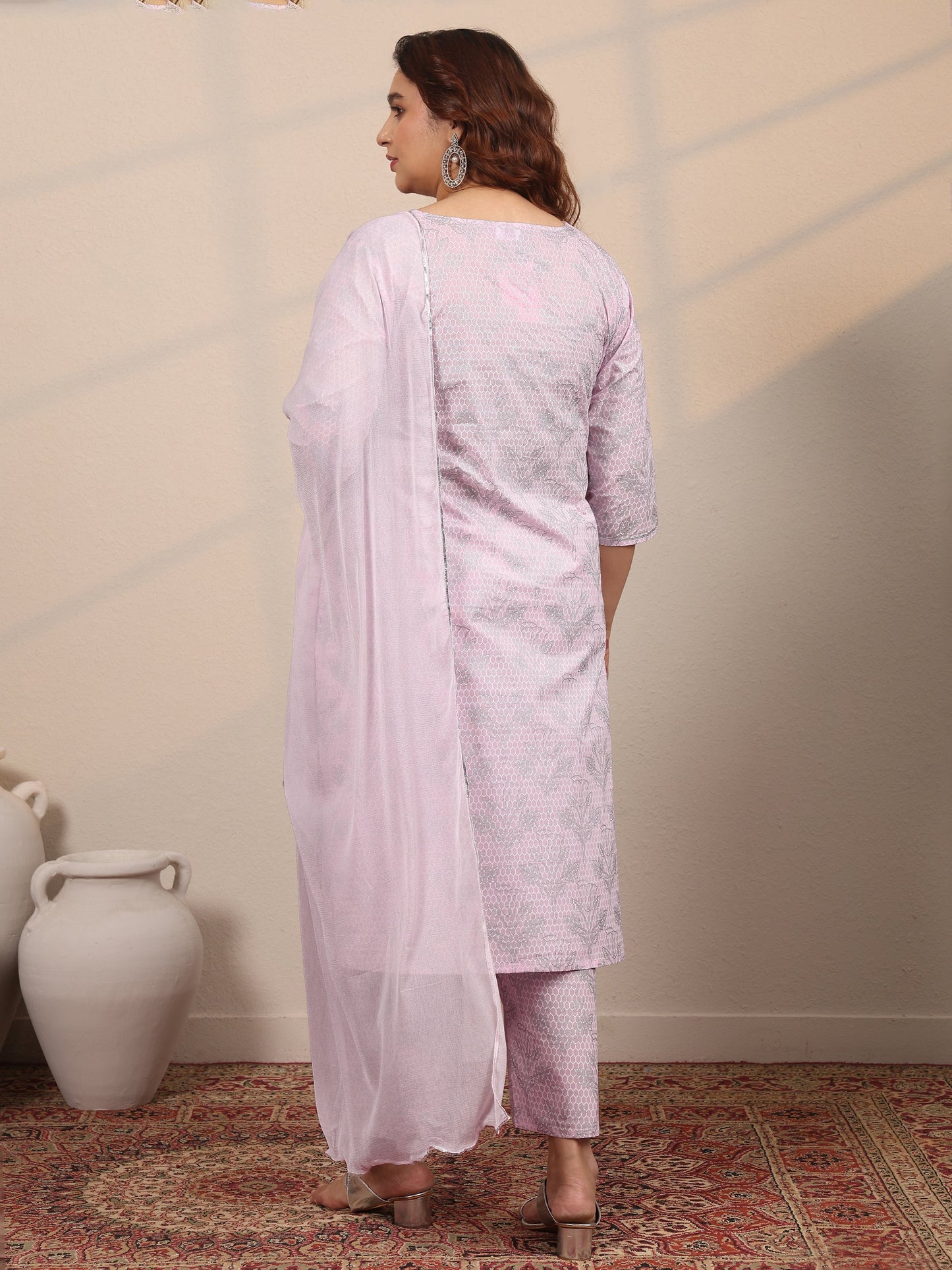 Plus Size Pink Printed Cotton Straight Suit Set With Dupatta
