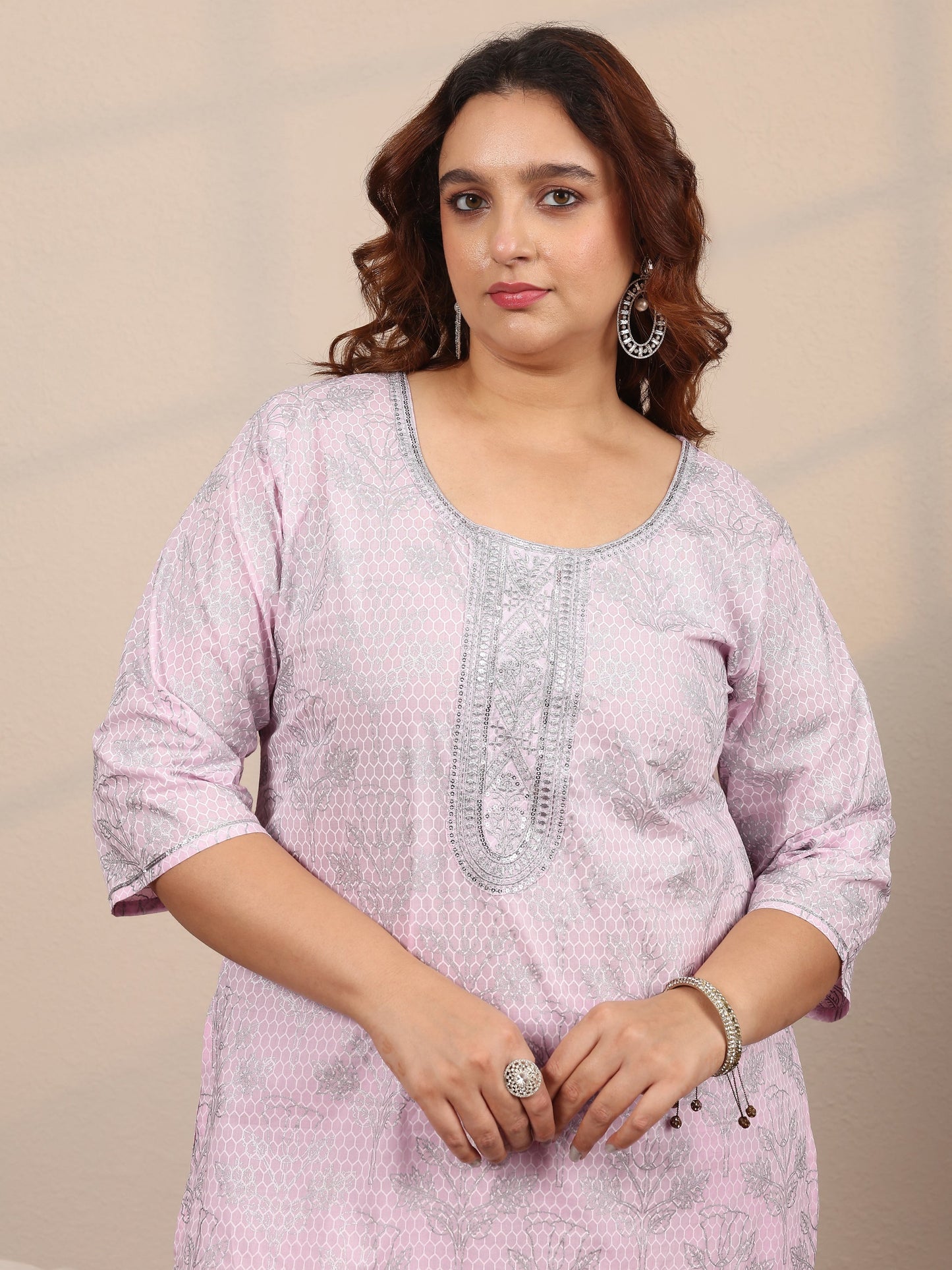 Plus Size Pink Printed Cotton Straight Suit Set With Dupatta