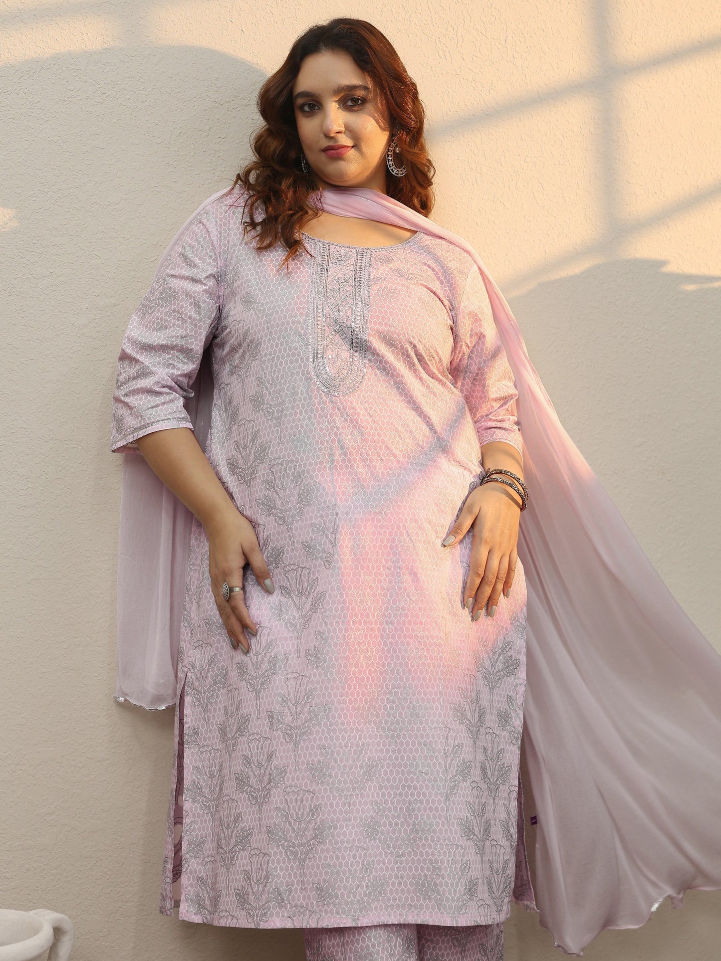 Plus Size Pink Printed Cotton Straight Suit Set With Dupatta