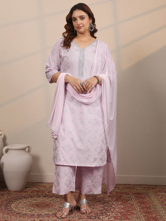 Plus Size Pink Printed Cotton Straight Suit Set With Dupatta