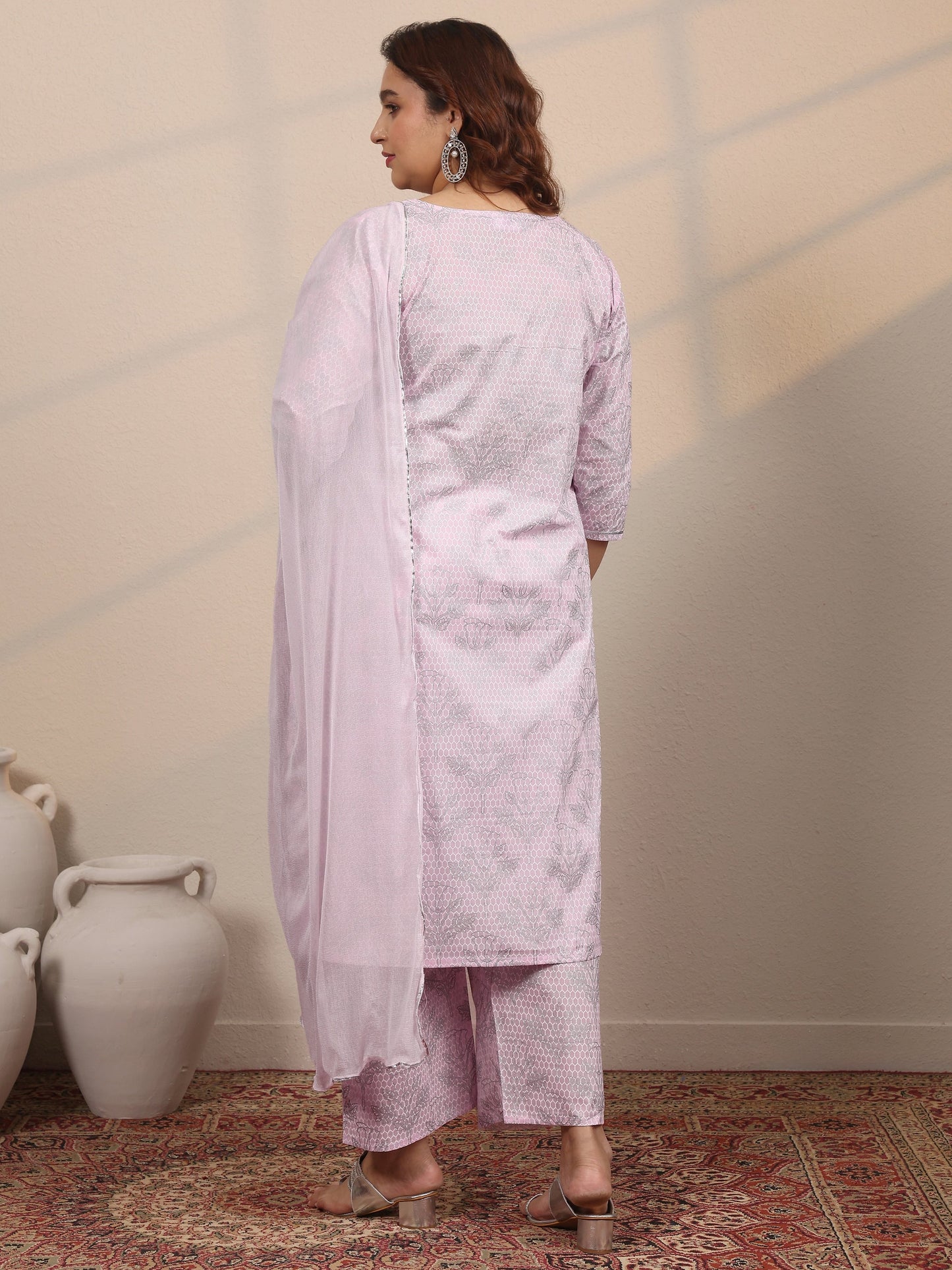 Plus Size Pink Printed Cotton Straight Suit Set With Dupatta