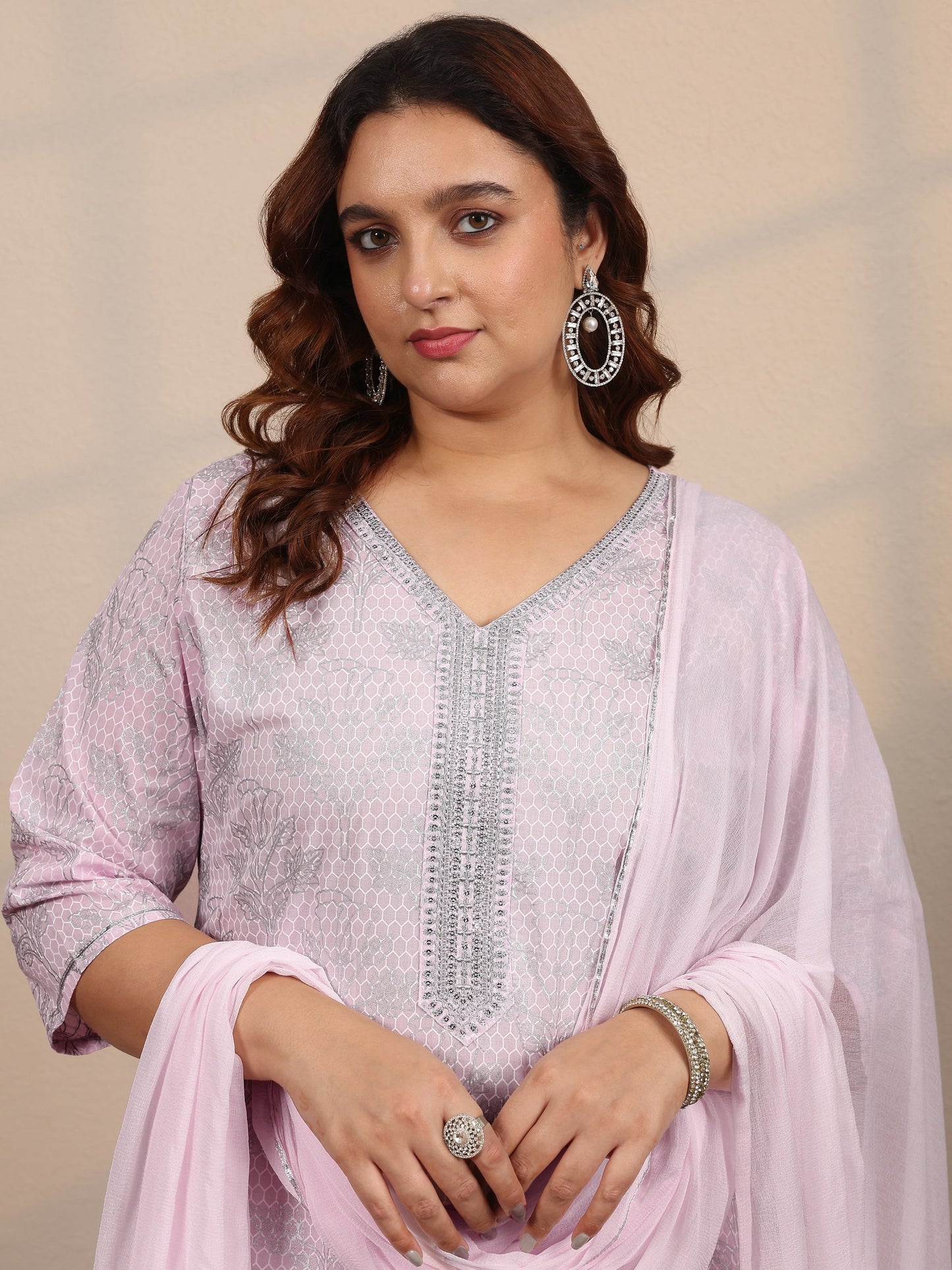 Plus Size Pink Printed Cotton Straight Suit Set With Dupatta