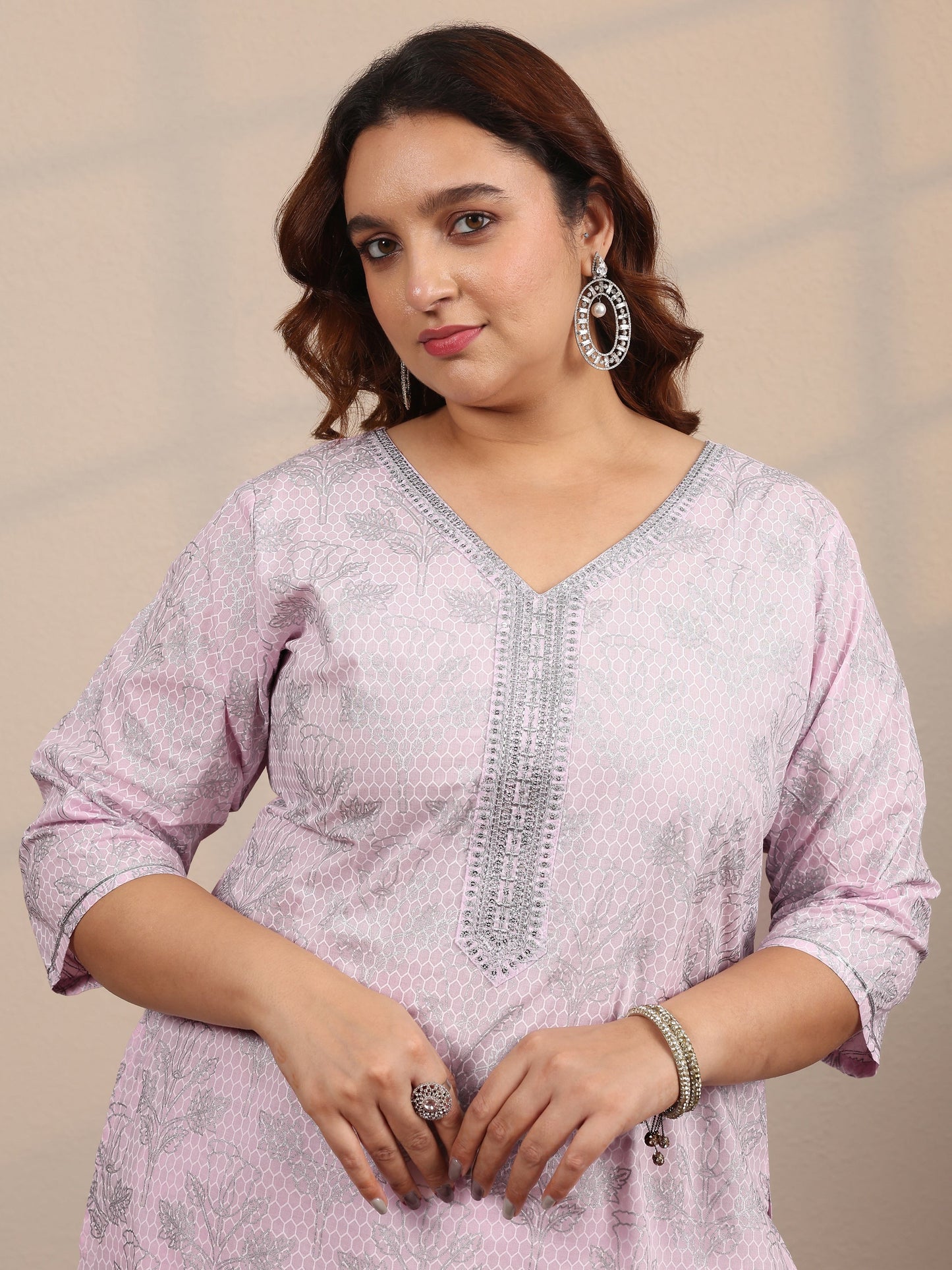 Plus Size Pink Printed Cotton Straight Suit Set With Dupatta