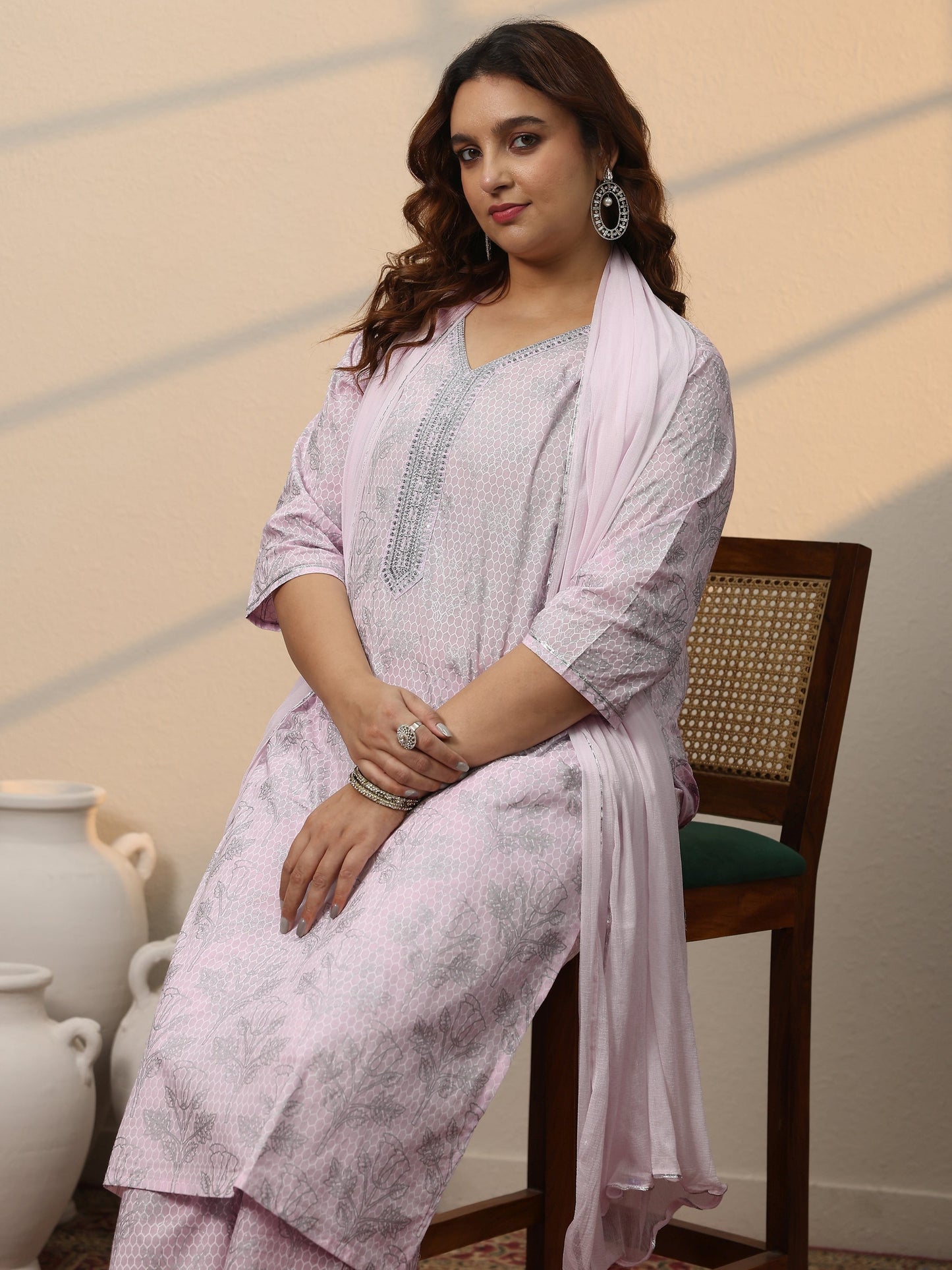 Plus Size Pink Printed Cotton Straight Suit Set With Dupatta