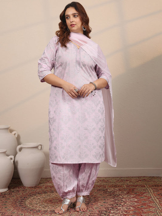 Plus Size Pink Printed Cotton Straight Suit Set With Dupatta