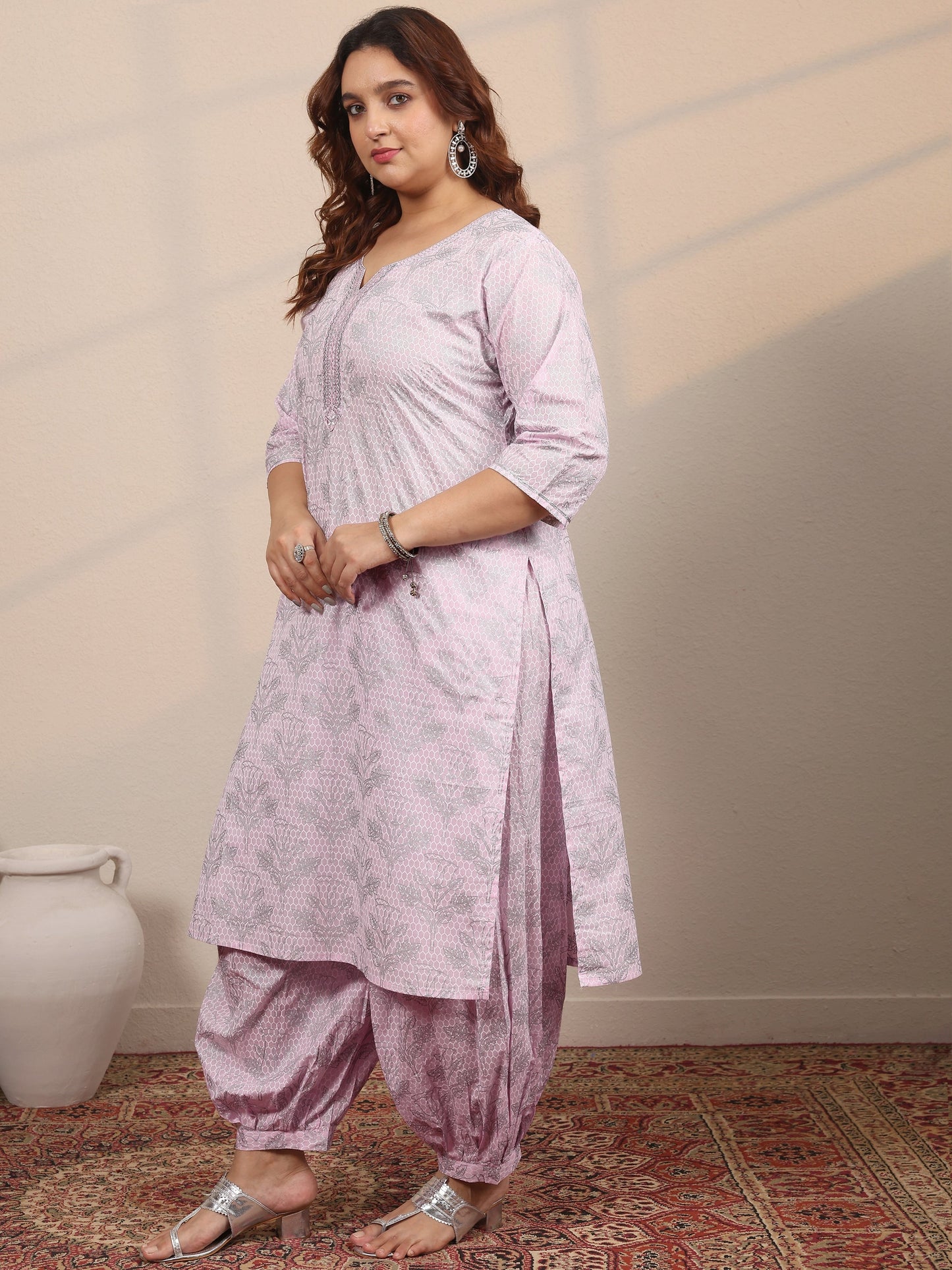 Plus Size Pink Printed Cotton Straight Suit Set With Dupatta