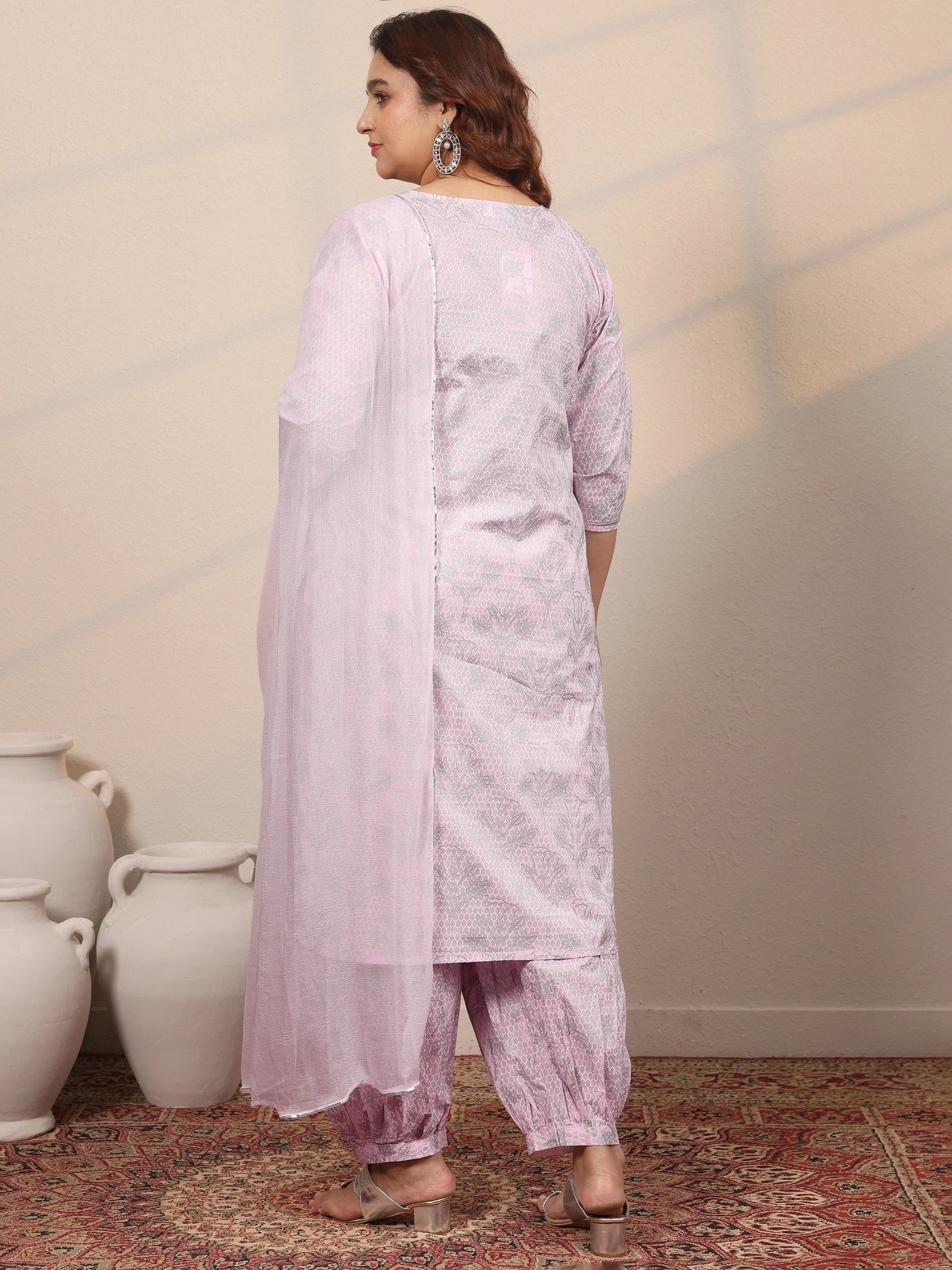 Plus Size Pink Printed Cotton Straight Suit Set With Dupatta