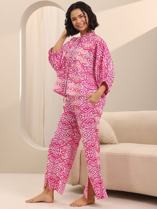 Pink Printed Cotton Night Suits