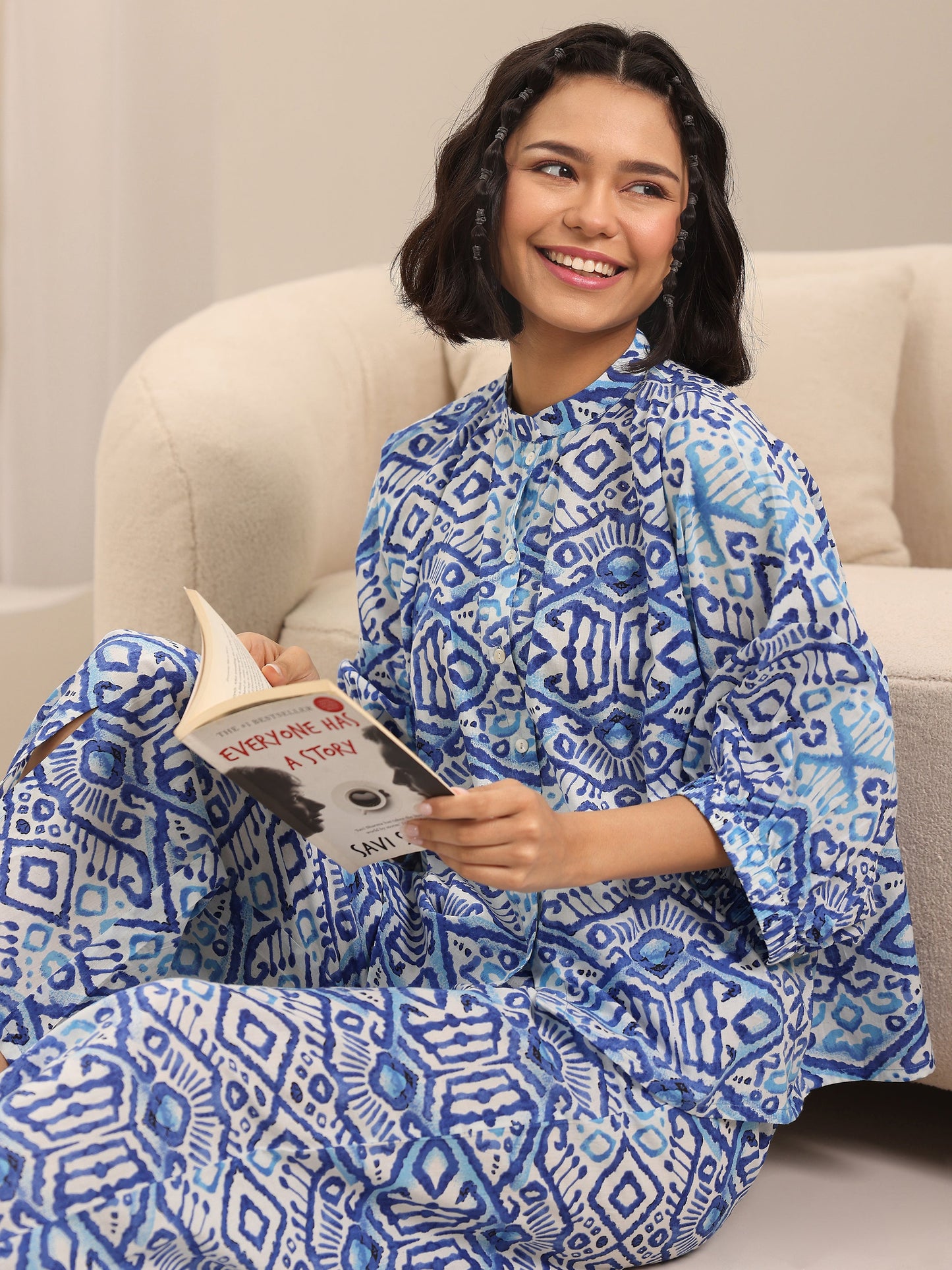 Blue Printed Cotton Night Suits