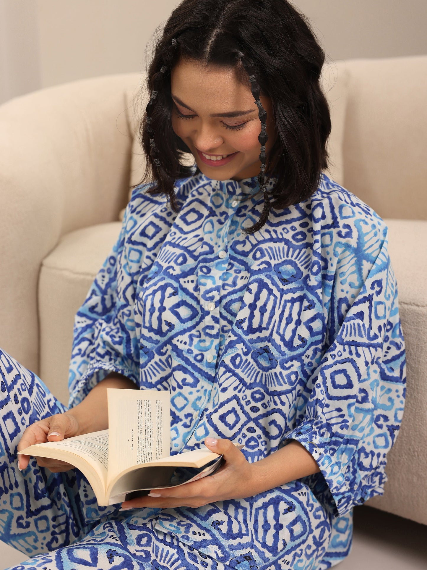 Blue Printed Cotton Night Suits