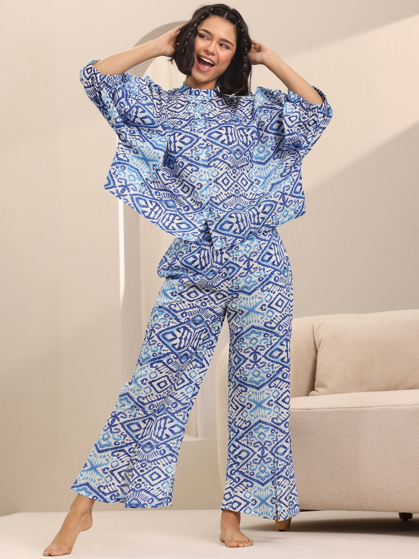 Blue Printed Cotton Night Suits