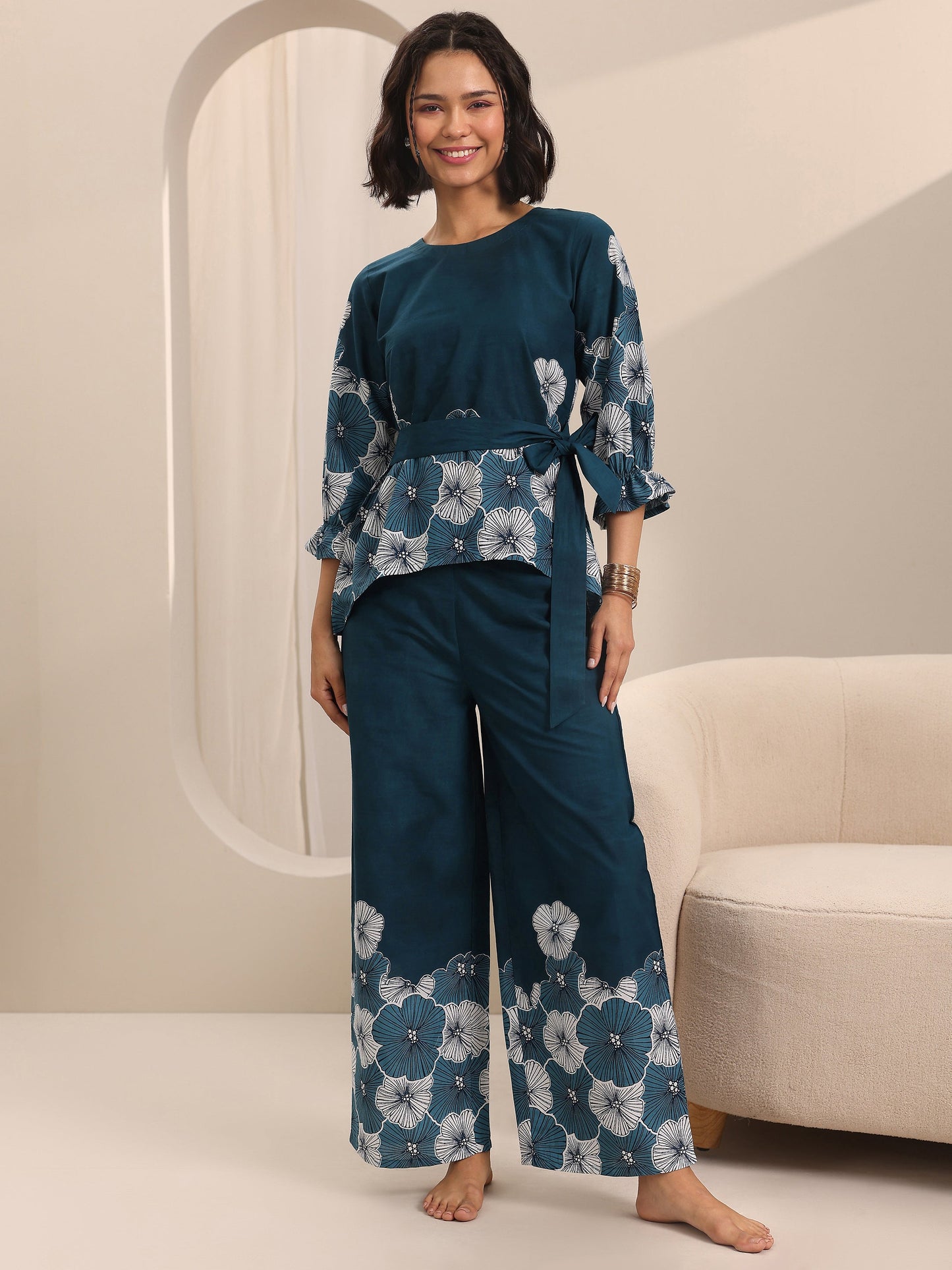 Blue Printed Cotton Night Suits