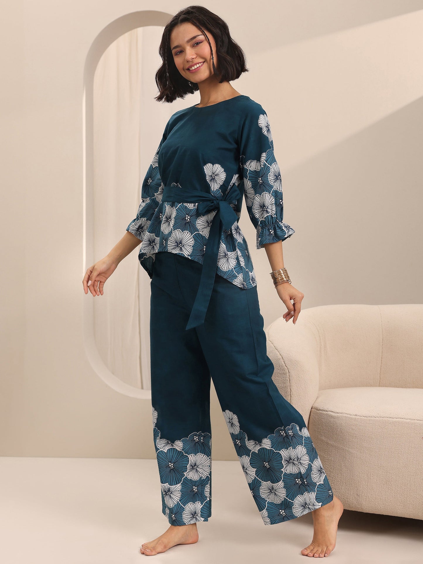 Blue Printed Cotton Night Suits