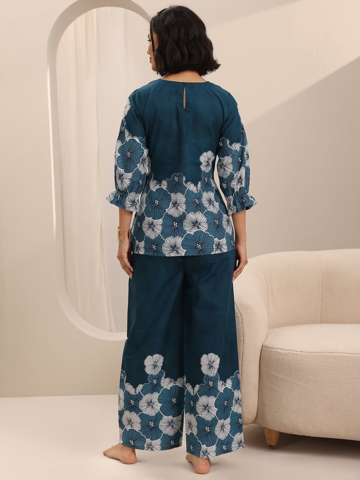 Blue Printed Cotton Night Suits