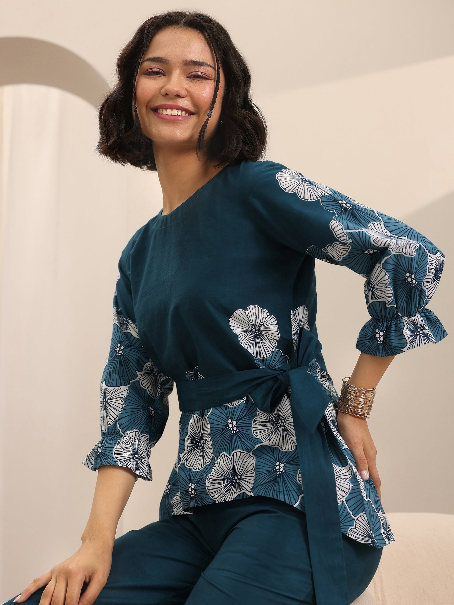 Blue Printed Cotton Night Suits