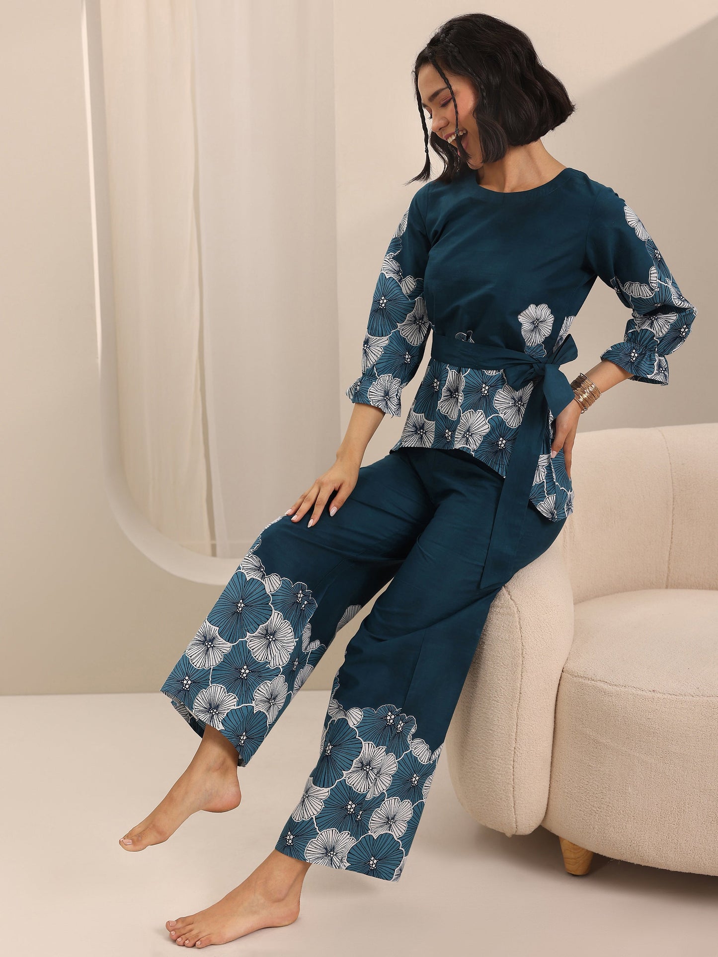 Blue Printed Cotton Night Suits
