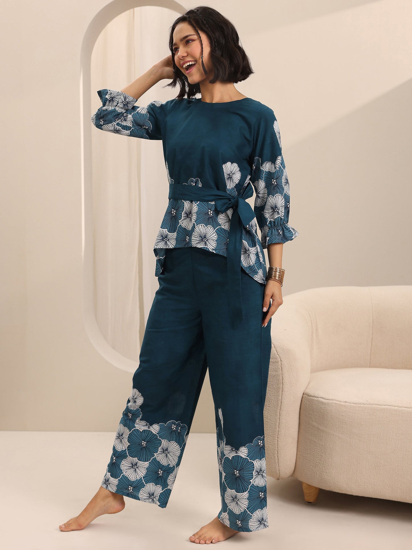 Blue Printed Cotton Night Suits