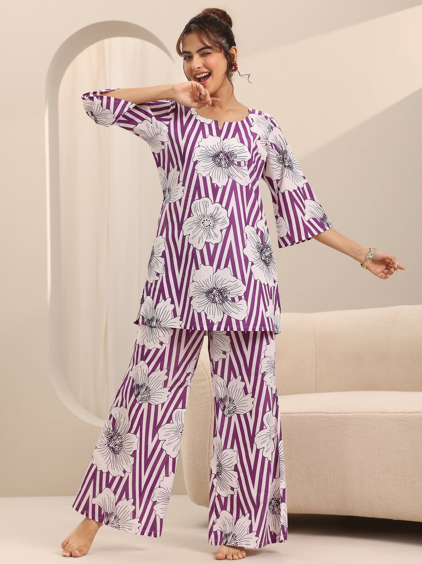 Purple Printed Cotton Night Suits