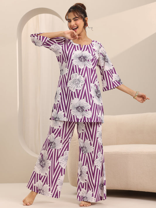 Purple Printed Cotton Night Suits